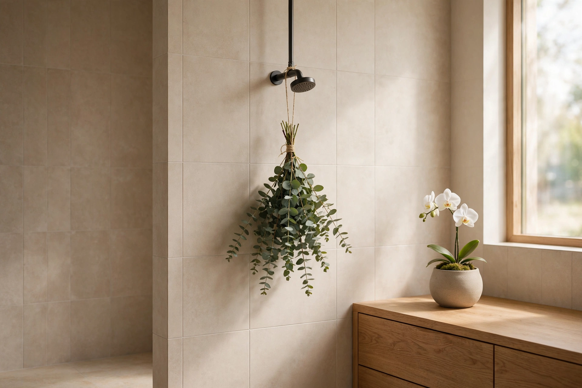 Eucalyptus bundle in a Japandi bathroom with ceramic orchid pot