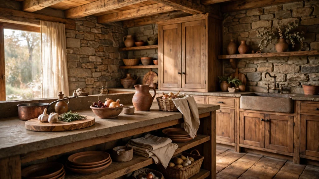 Warm earthy color palette with wood and stone in a rustic kitchen