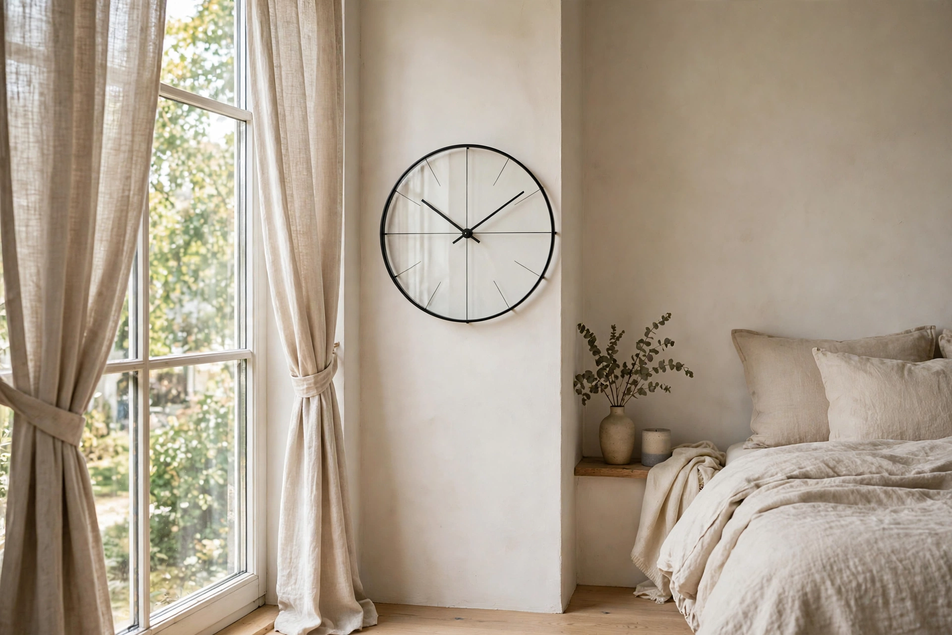 Ultra-slim glass-front clock hugging a narrow wall beside a bedroom window