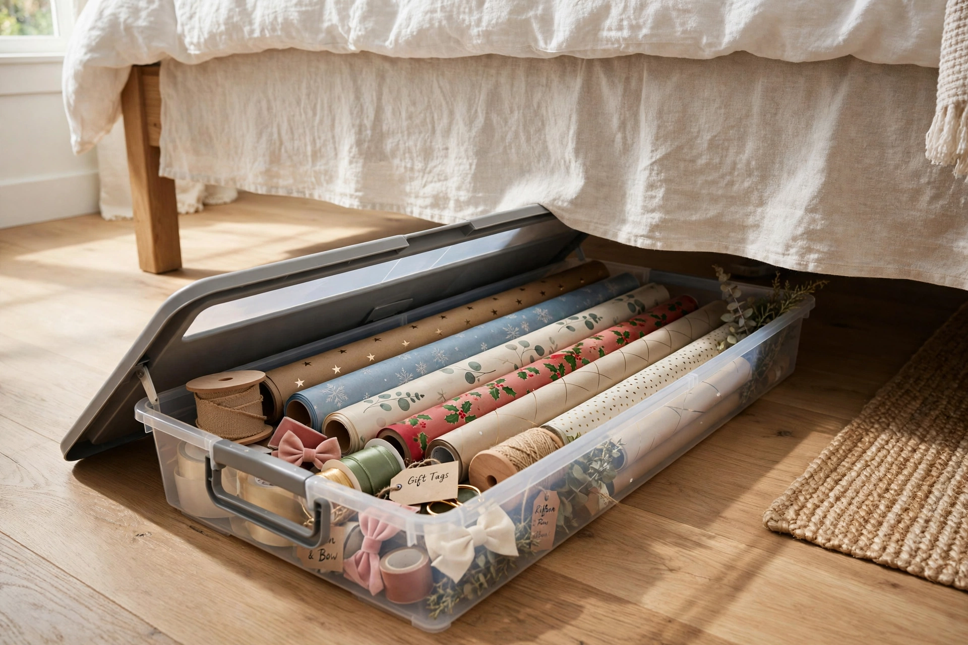 Long gift-wrap storage bin with rolls and ribbon tucked under a bed