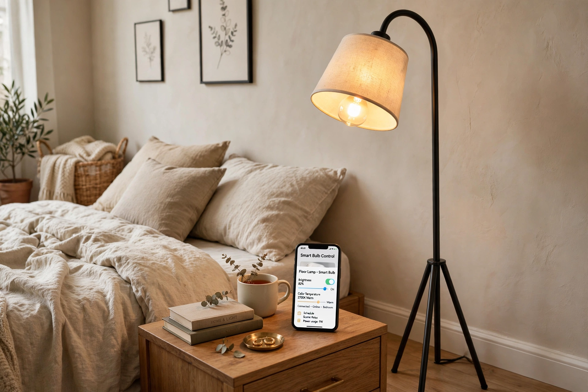 Floor lamp with a smart bulb controlled from a phone on the nightstand