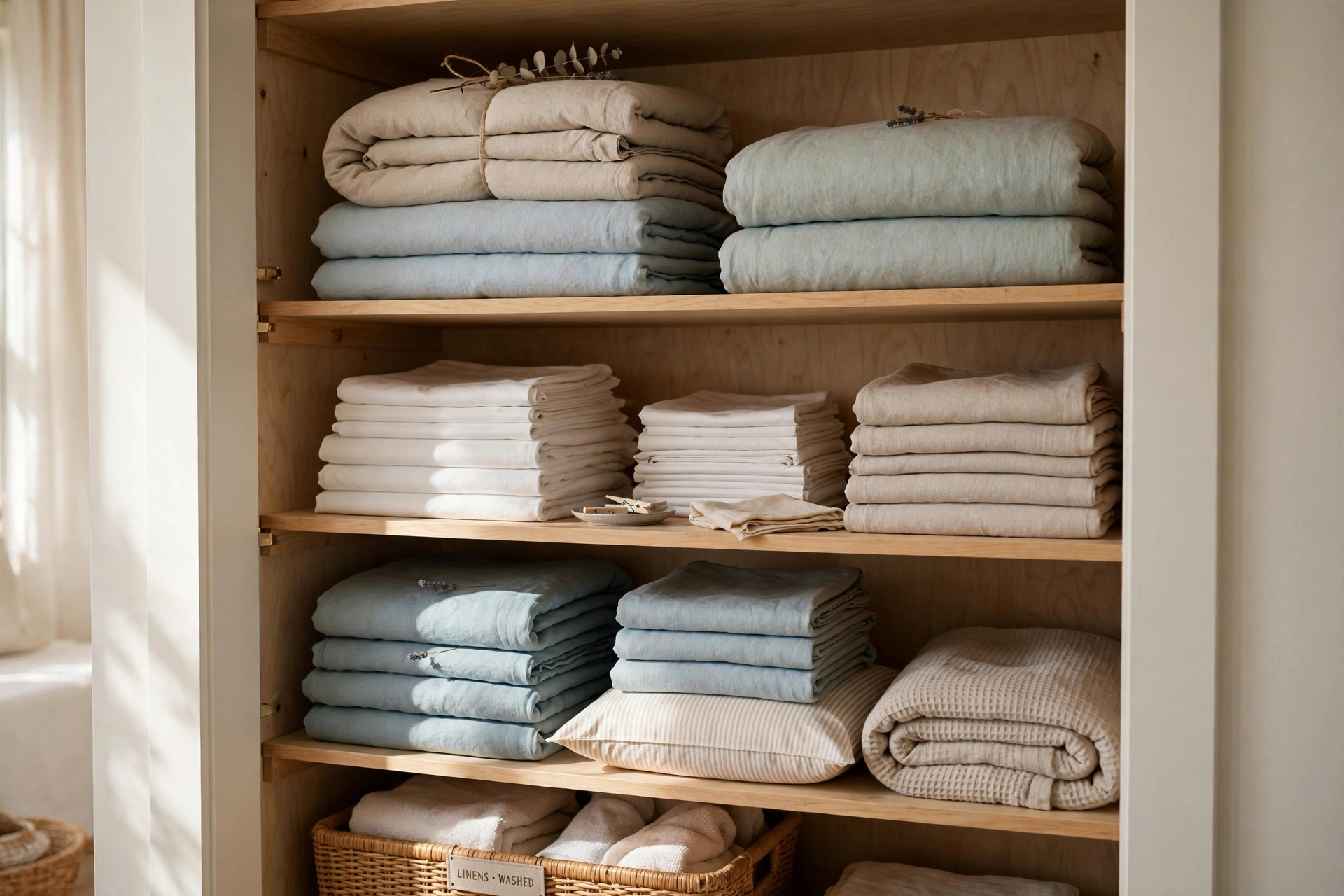 Freshly washed folded sheets and duvet covers stacked in a linen closet