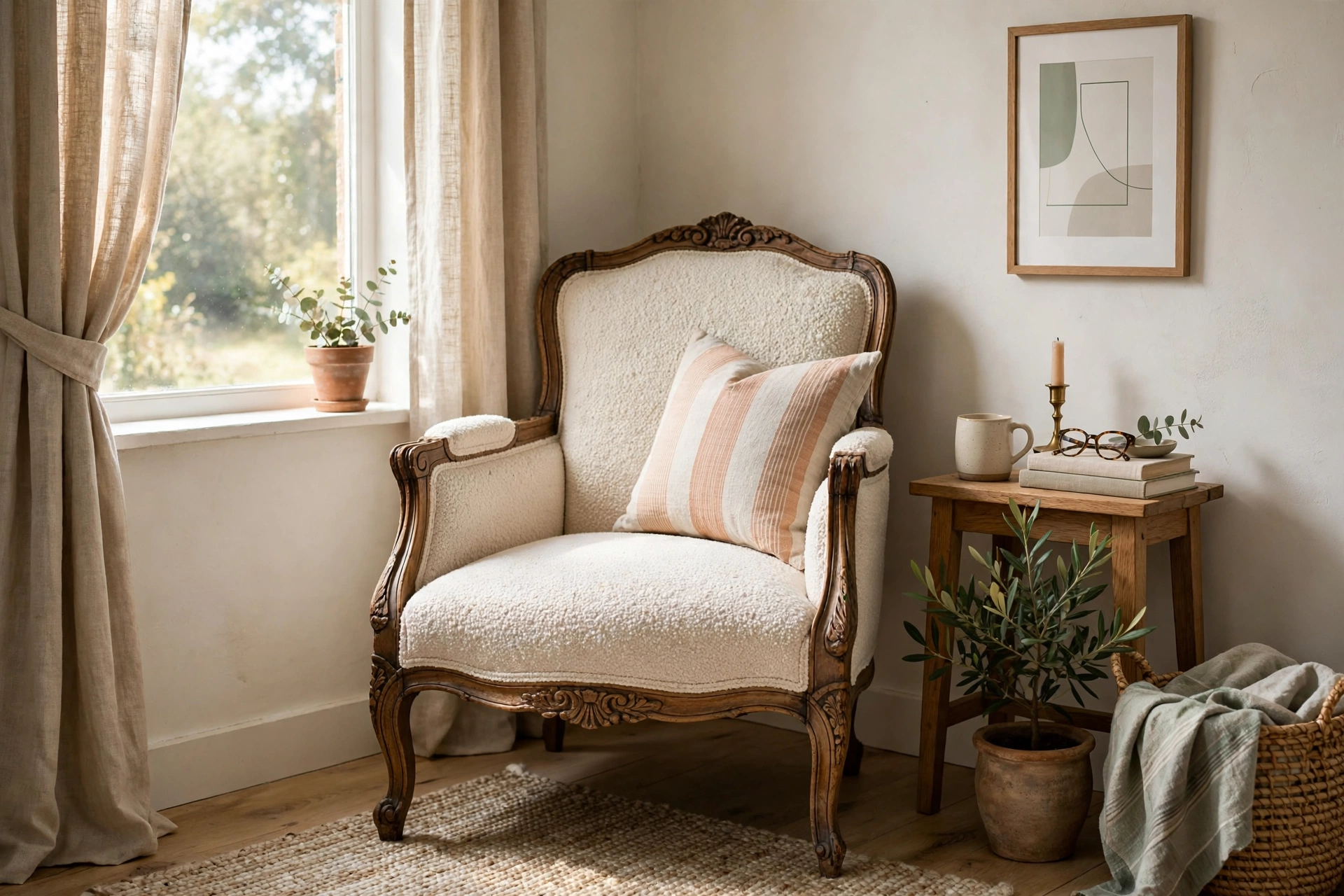Vintage armchair frame reupholstered in modern fabric in a bedroom corner