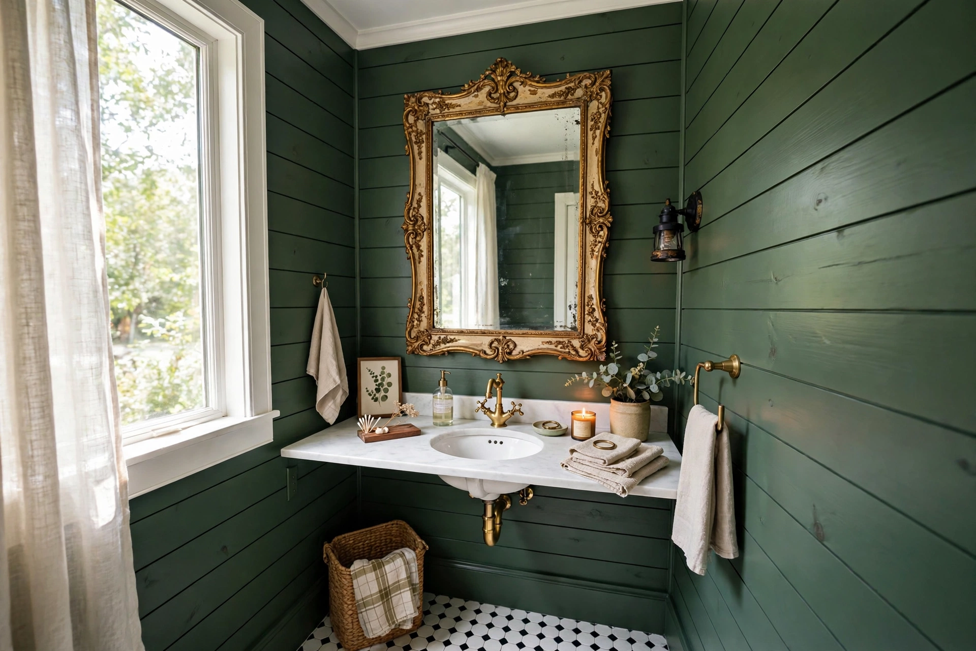 Powder room with forest green shiplap walls and vintage ornate mirror