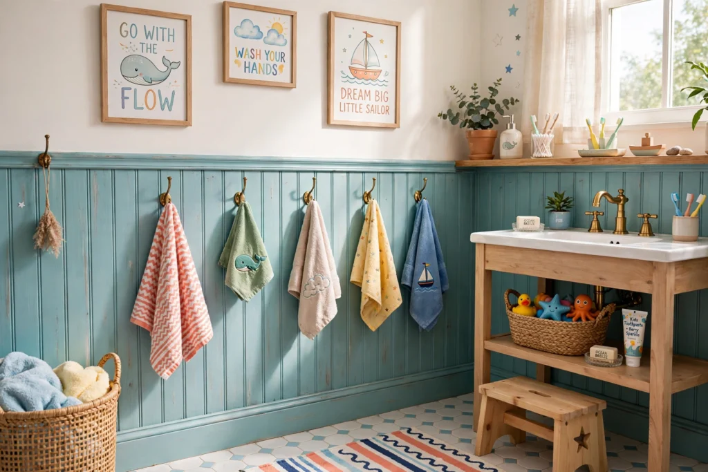 Aqua beadboard half wall with hooks in a cheerful kids bathroom