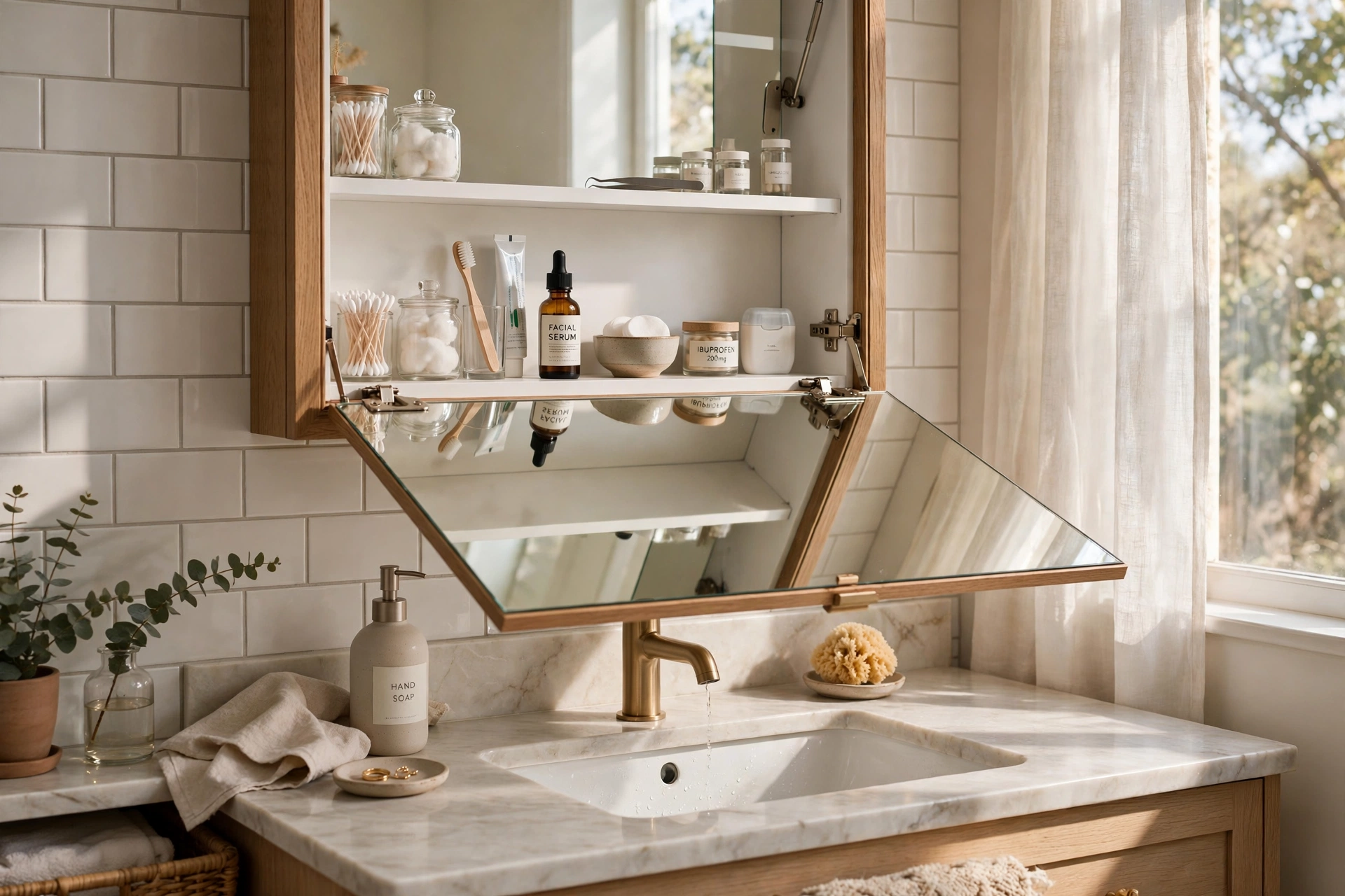 Medicine cabinet with tilting mirror door angled down for close-up use