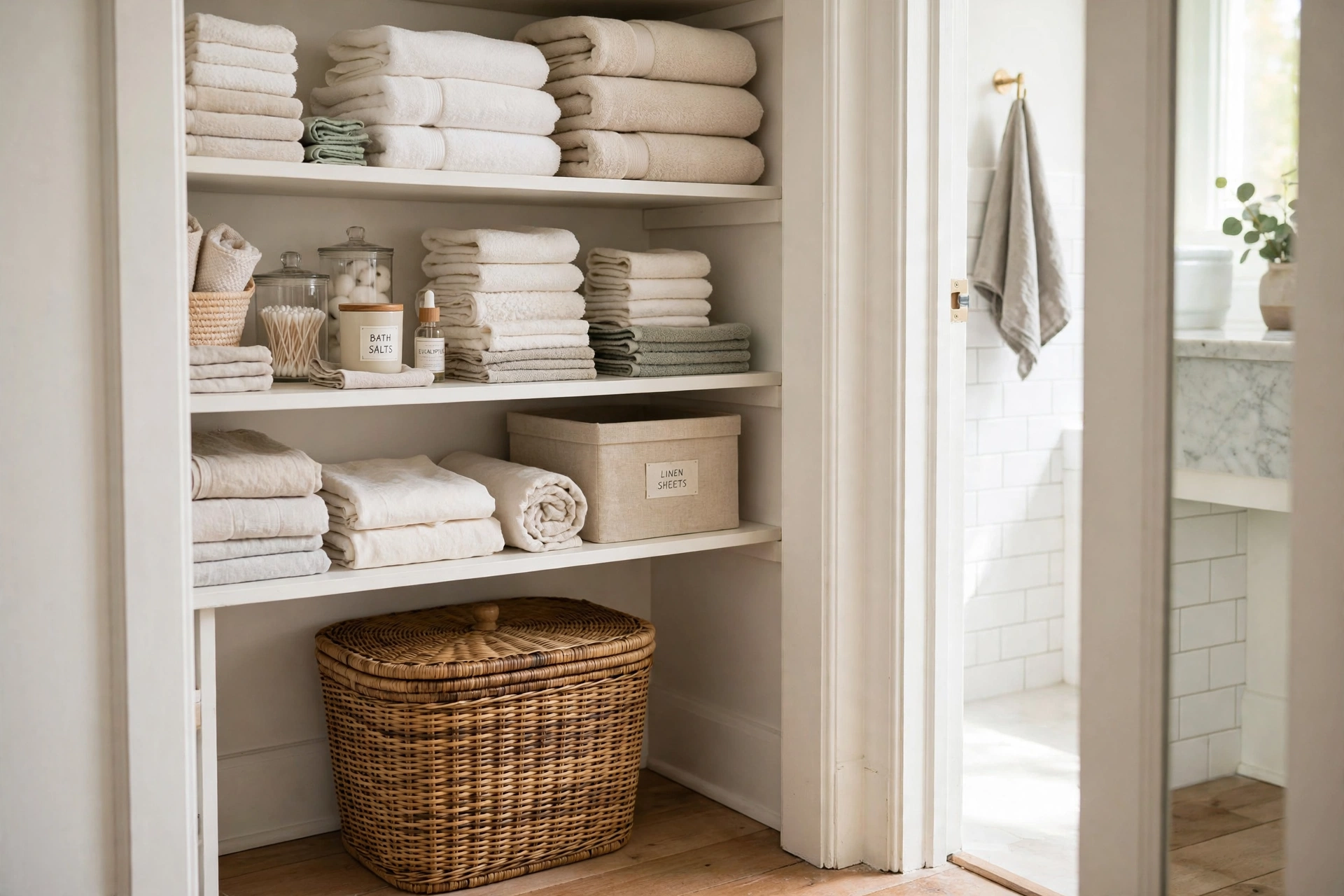 Lidded laundry bin tucked onto the floor of a bathroom linen closet