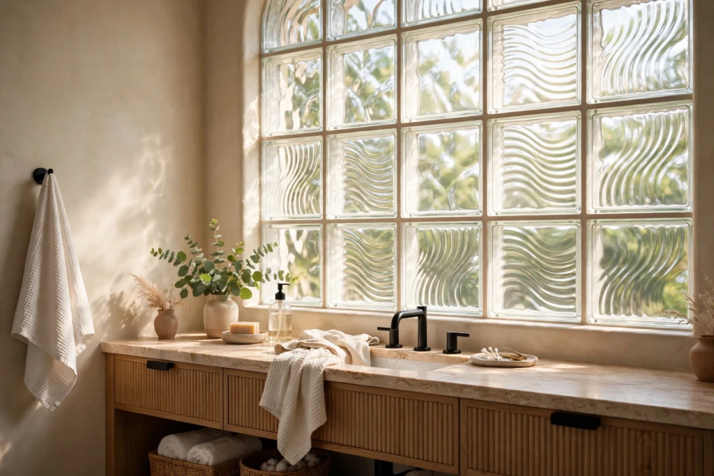 Wavy glass block bathroom window glowing with diffused natural light