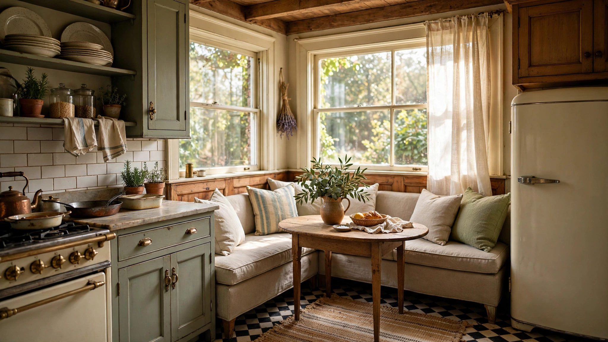 Corner breakfast nook with banquette in a vintage kitchen