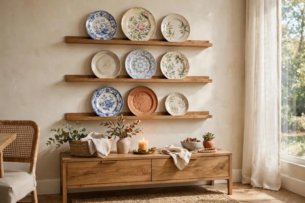 Decorative plates leaning on wooden picture ledges above a dining room console