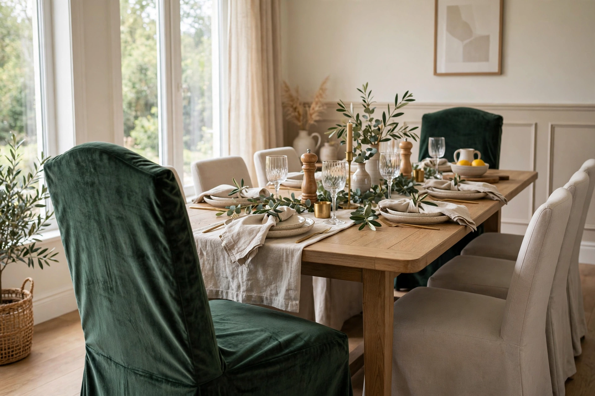 Velvet slipcovers on two host chairs at the heads of an elegant dining table