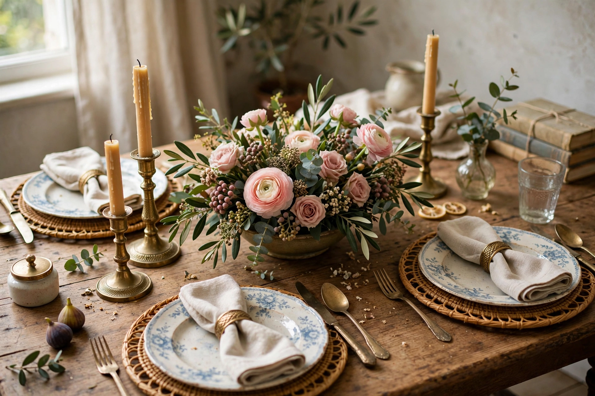 Styled vintage tablescape with candlesticks, chargers, and a low floral centerpiece