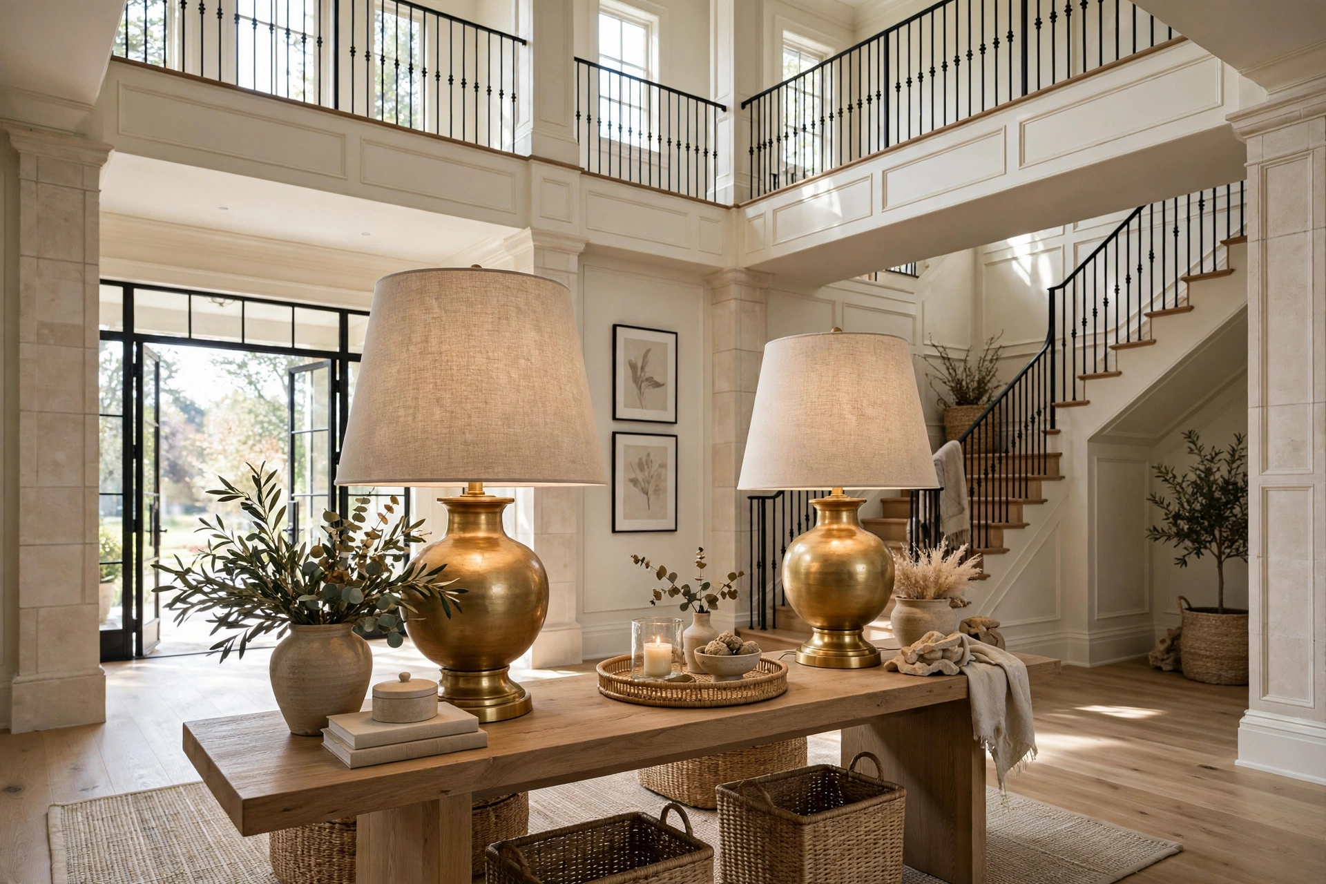 Grand two-story foyer with oversized table lamps on a long console table