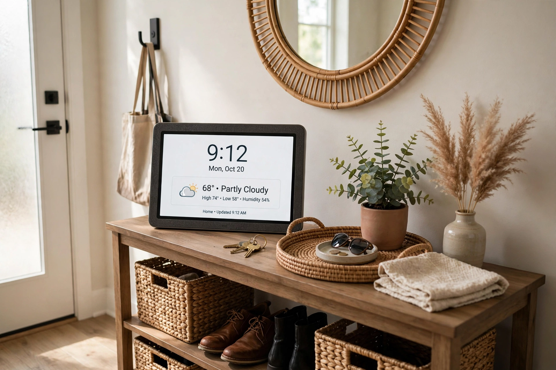 Discreet smart display clock showing time and weather on an entryway console