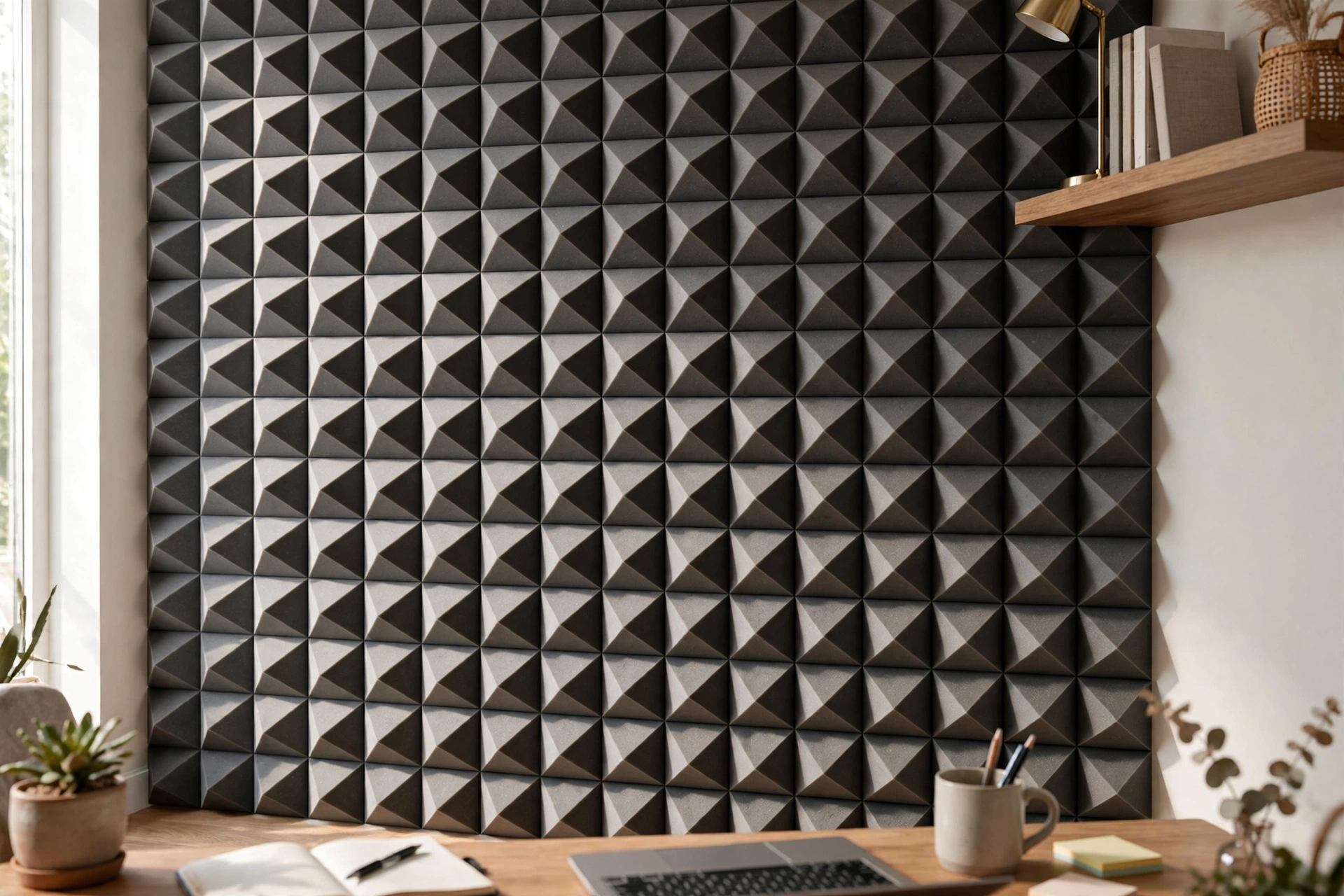 Three-dimensional pyramid acoustic tiles creating texture on an office wall