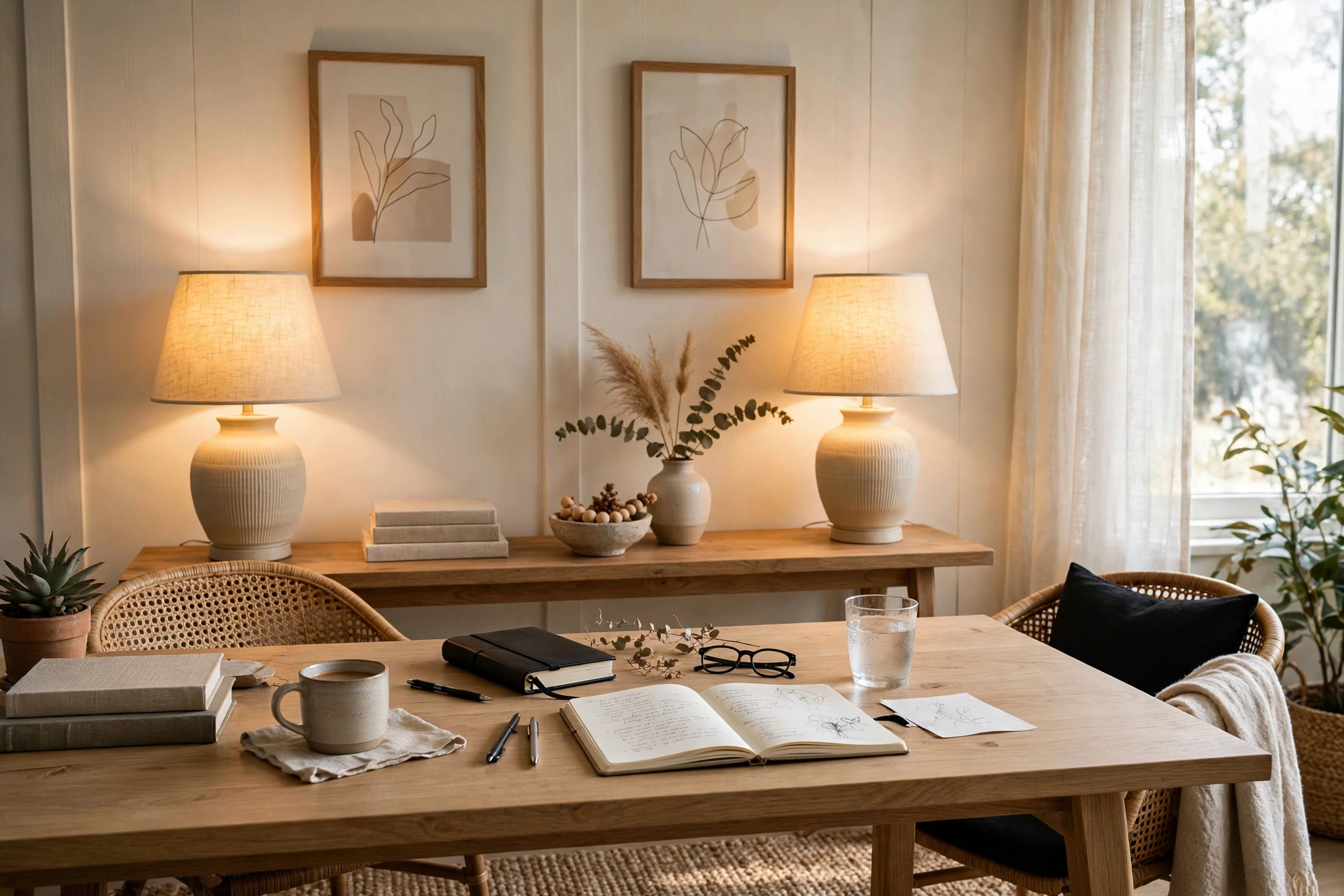Matching table lamps glowing symmetrically on a console behind a desk
