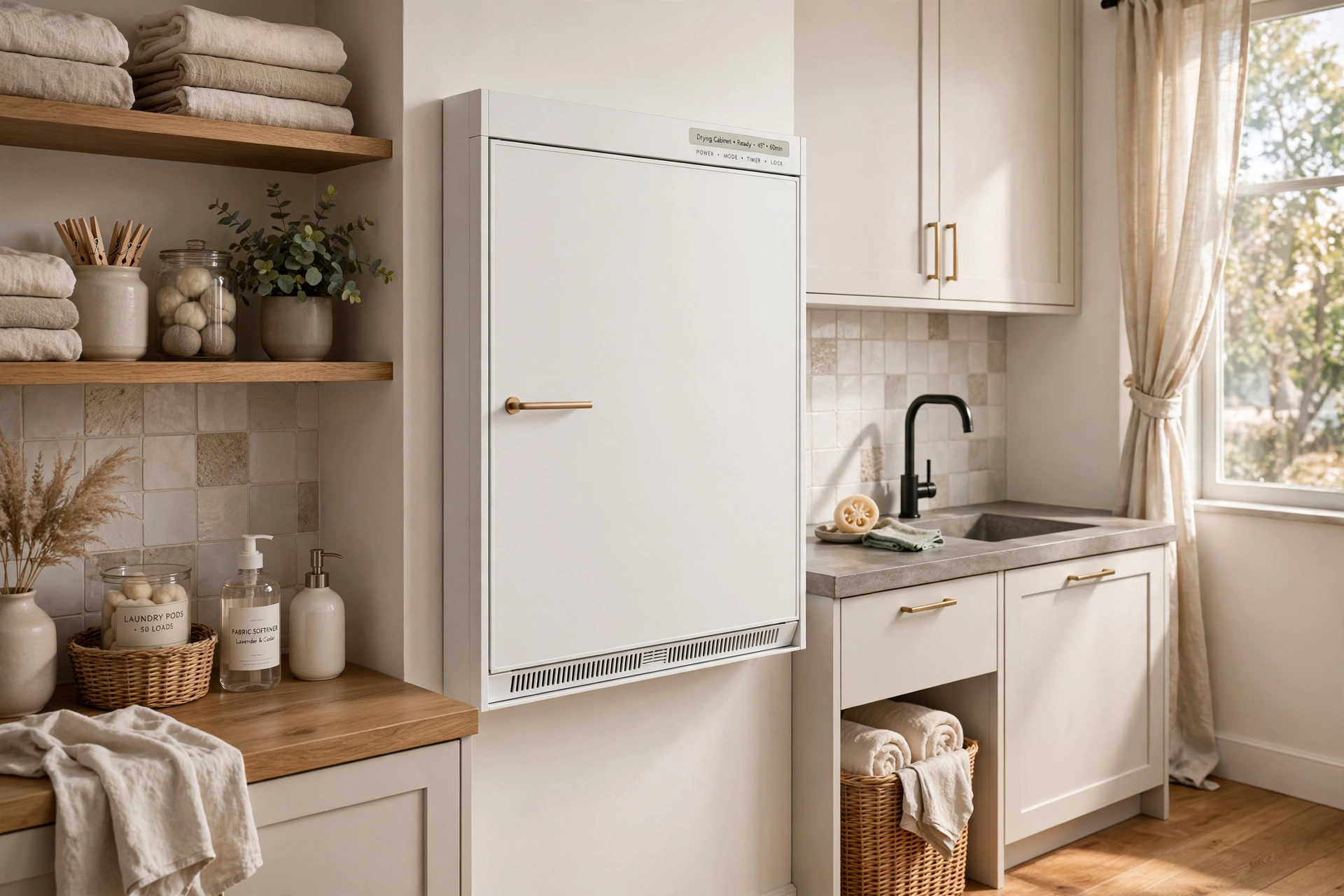 Closed wall-mounted drying cabinet in a modern laundry room