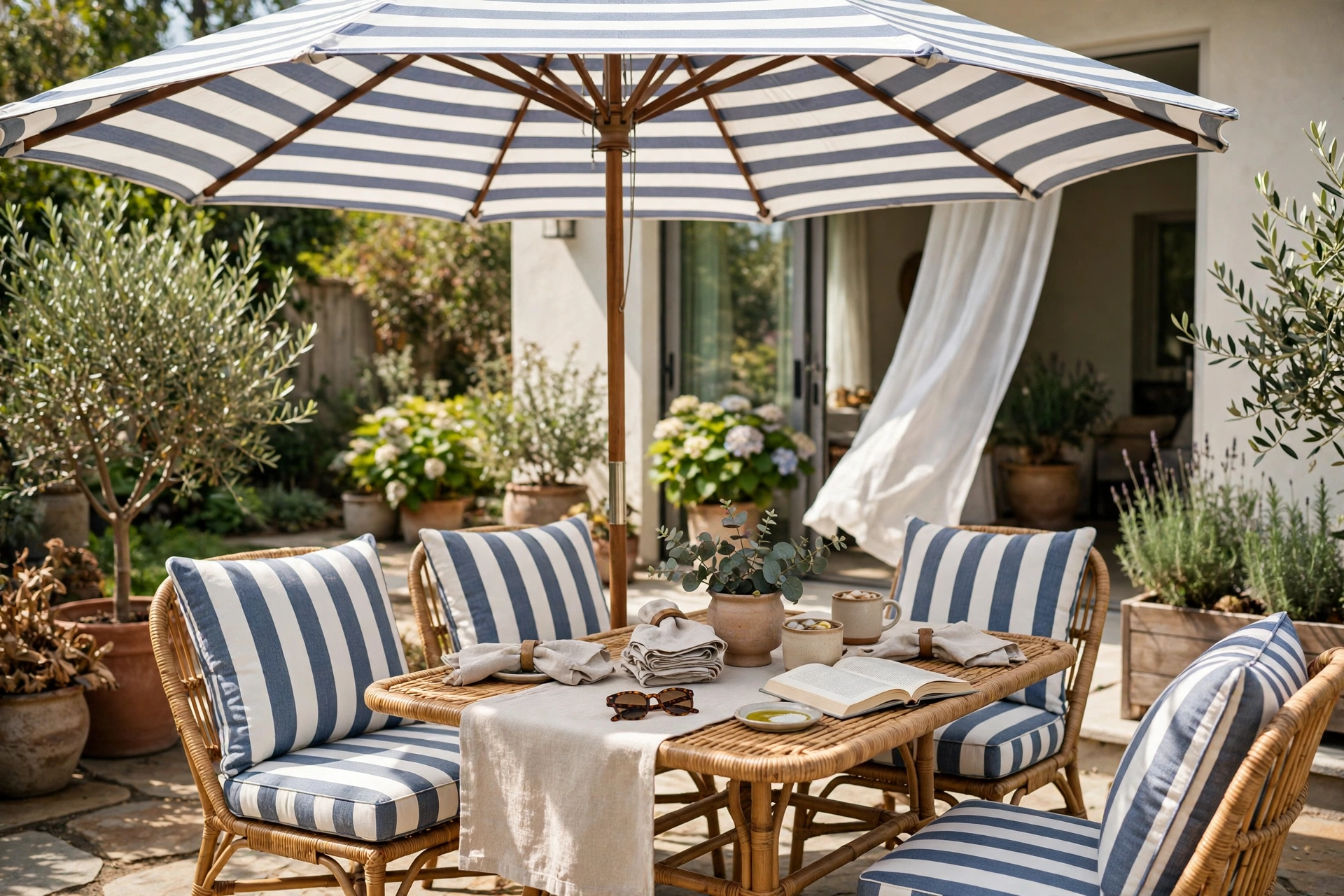 Striped patio umbrella canopy coordinated with outdoor cushions