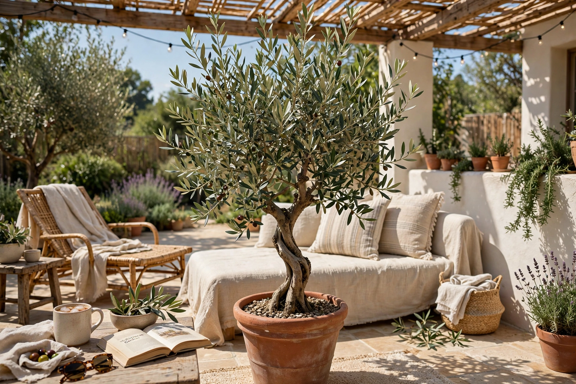 Potted olive tree as a statement plant on a sunny patio