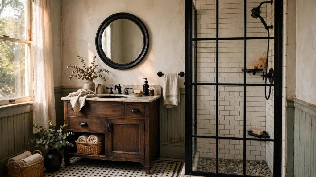 Black framed shower door and matte black accents in a vintage bathroom