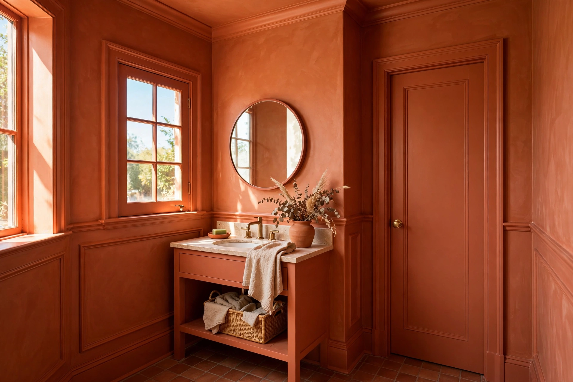 Color drenched terracotta powder room with matching trim