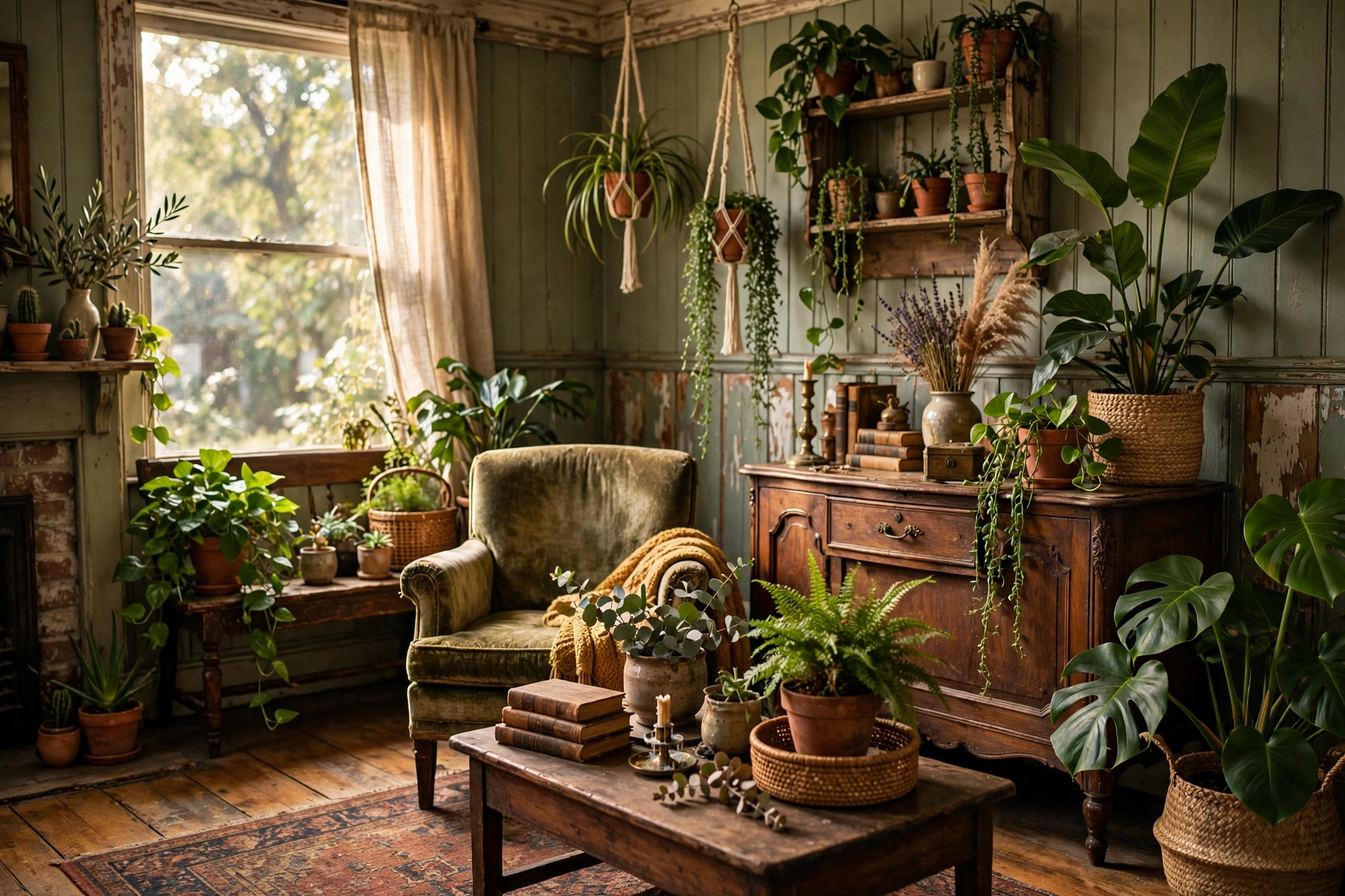 Lush houseplants softening a vintage living room with old furniture