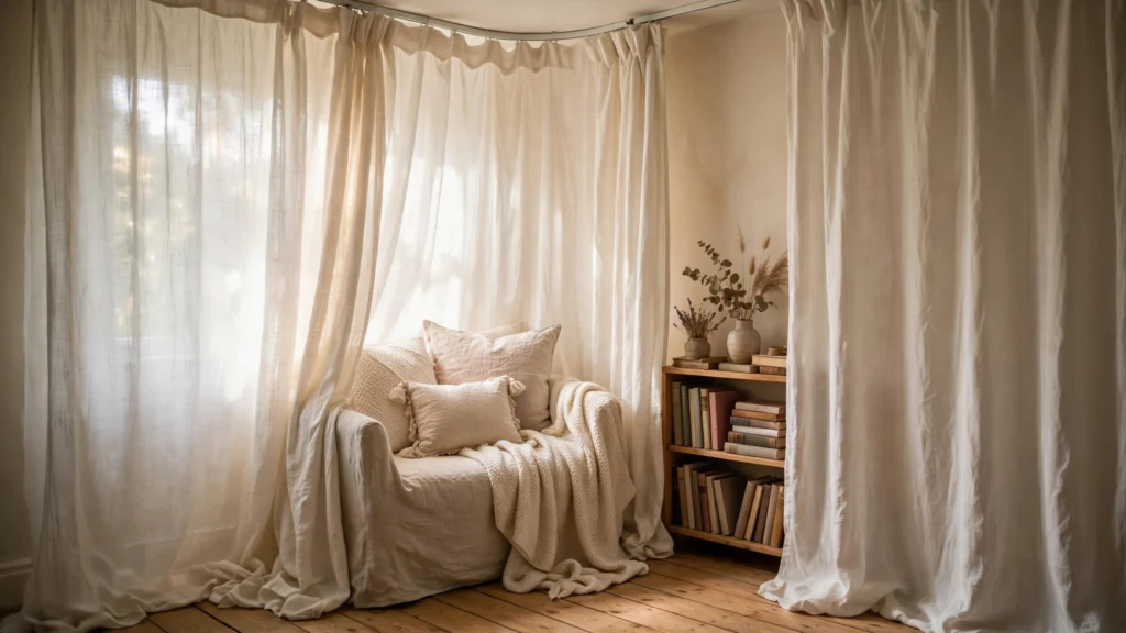 Curtained canopy reading nook hideaway with linen drapes around an armchair