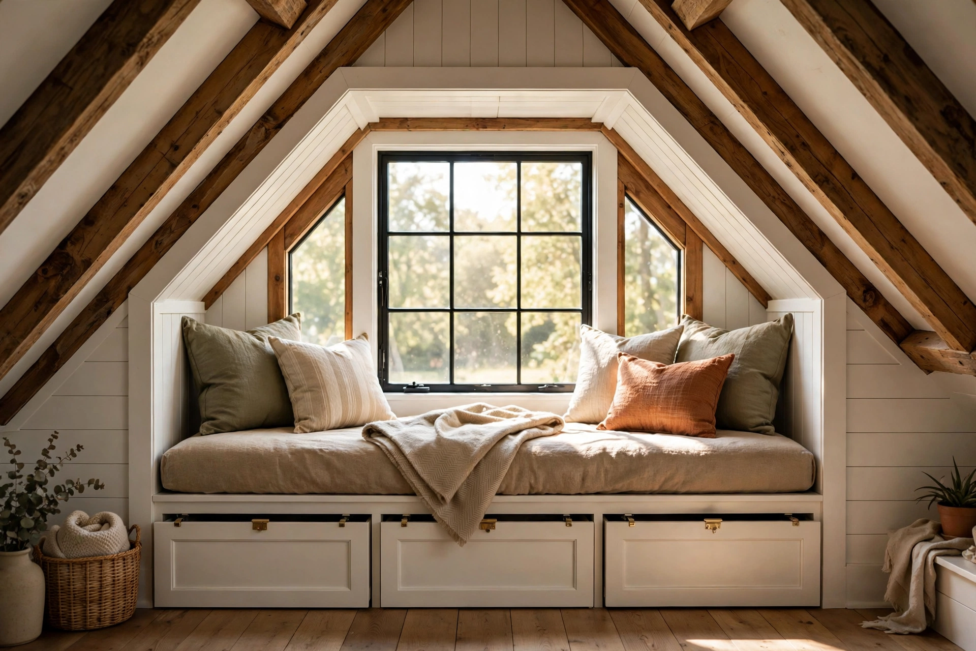 Dormer window seat with storage drawers in an attic bedroom
