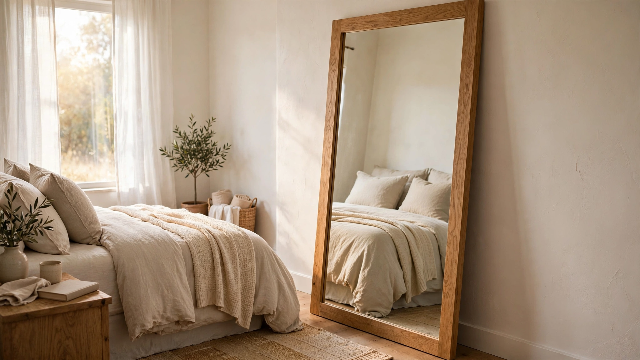 Guest bedroom design ideas with a full-length mirror leaning against the wall