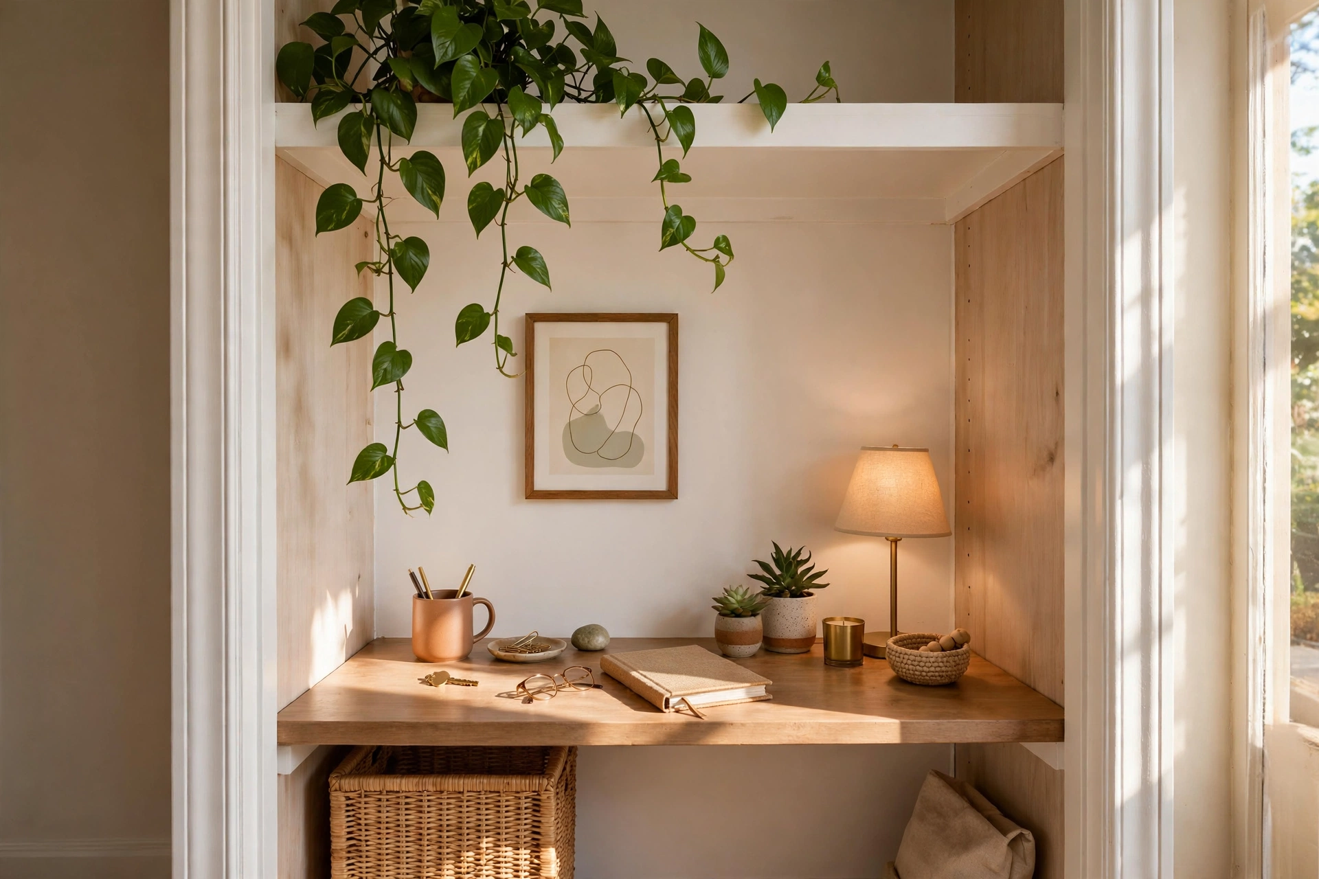 Styled closet office with framed art, trailing pothos plant and curated desk objects