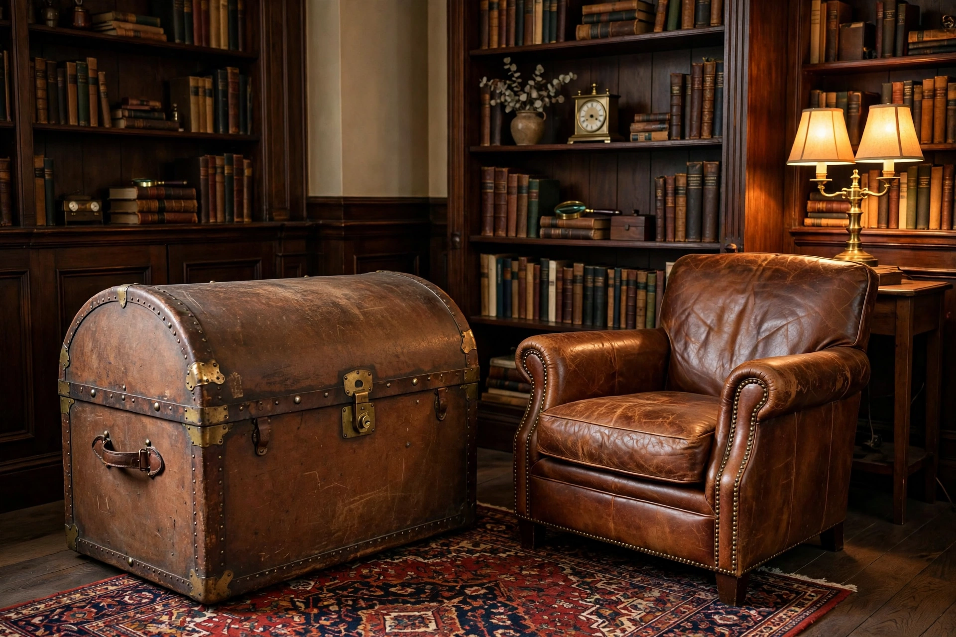 Antique leather storage trunk with brass corners in a vintage home office corner