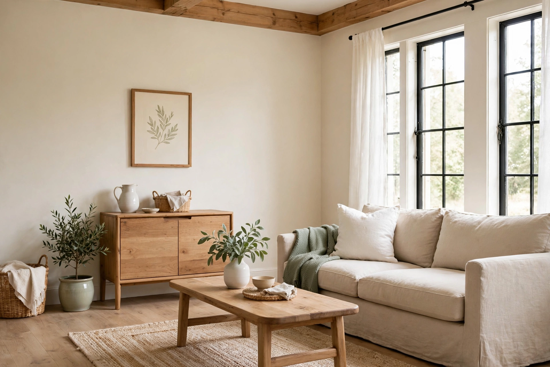 Farmhouse living room in warm neutrals: cream walls, beige sofa and natural wood