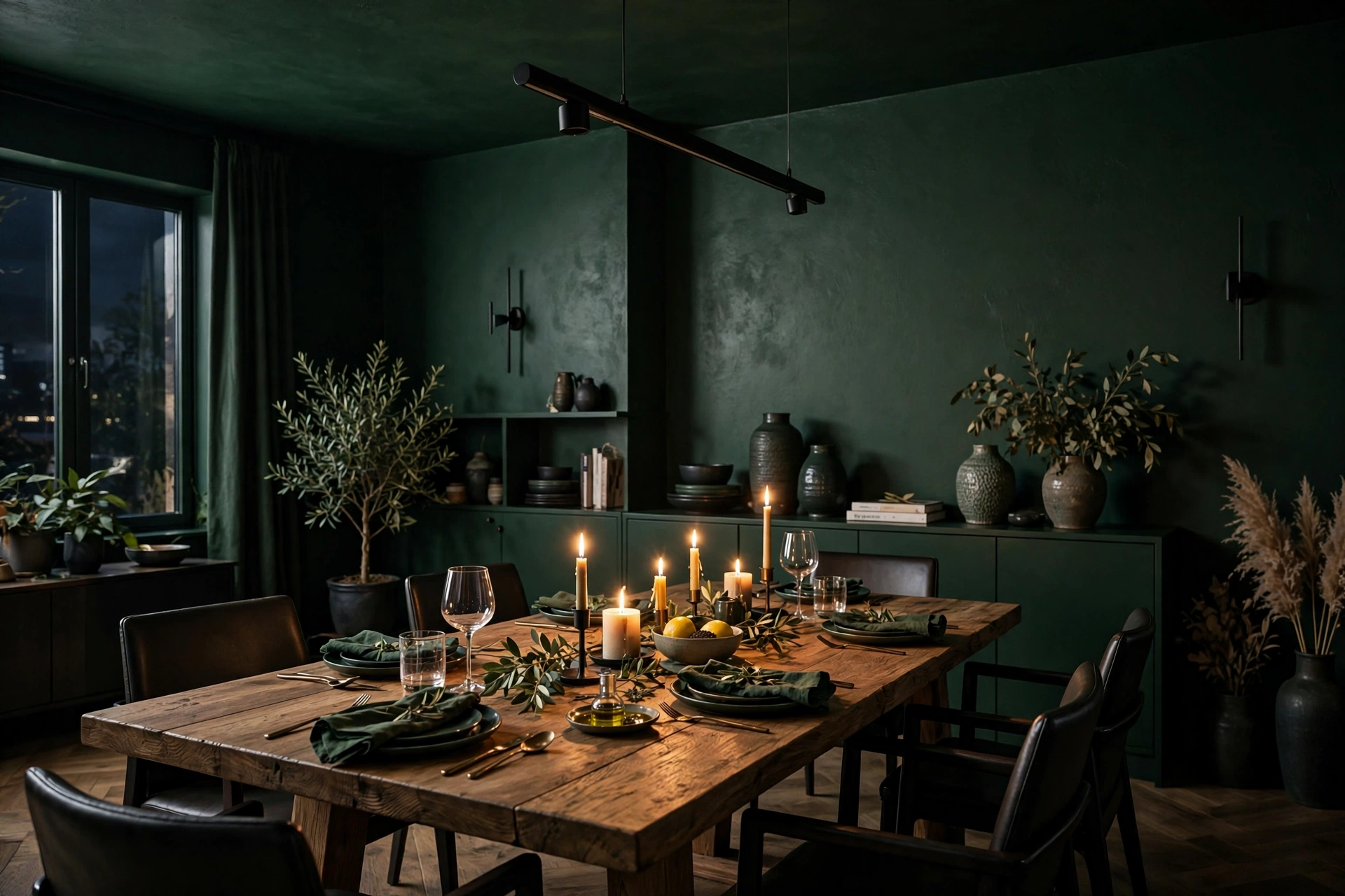 Moody modern dining room with deep green color-drenched walls and warm candlelight