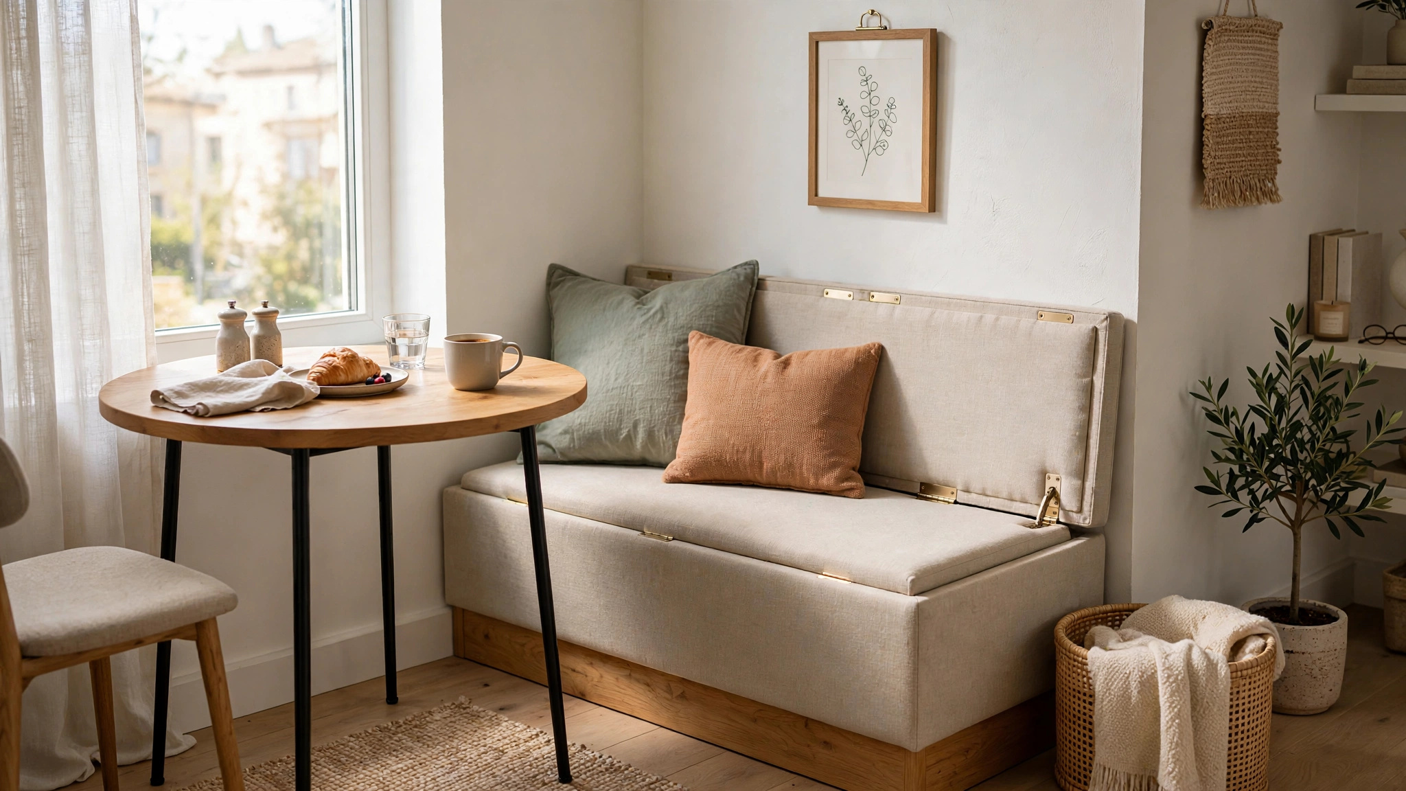 Storage bench with hinged lid tucked under a small dining table