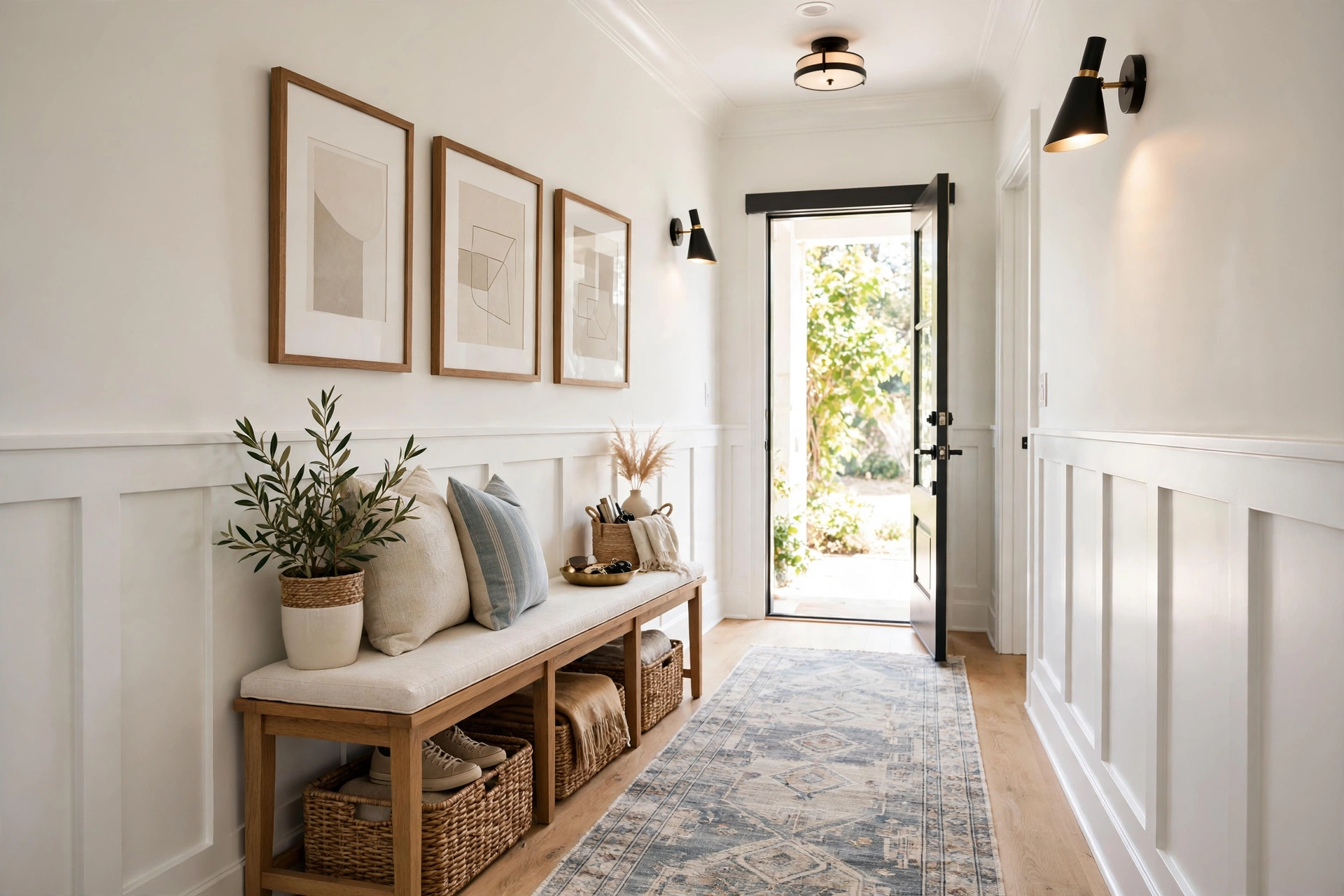 Entryway hallway with white board-and-batten wainscoting, a bench, and framed art