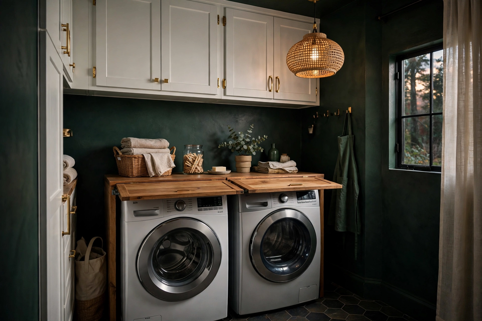 Small laundry room painted forest green with white cabinets, wood counter and gold accents