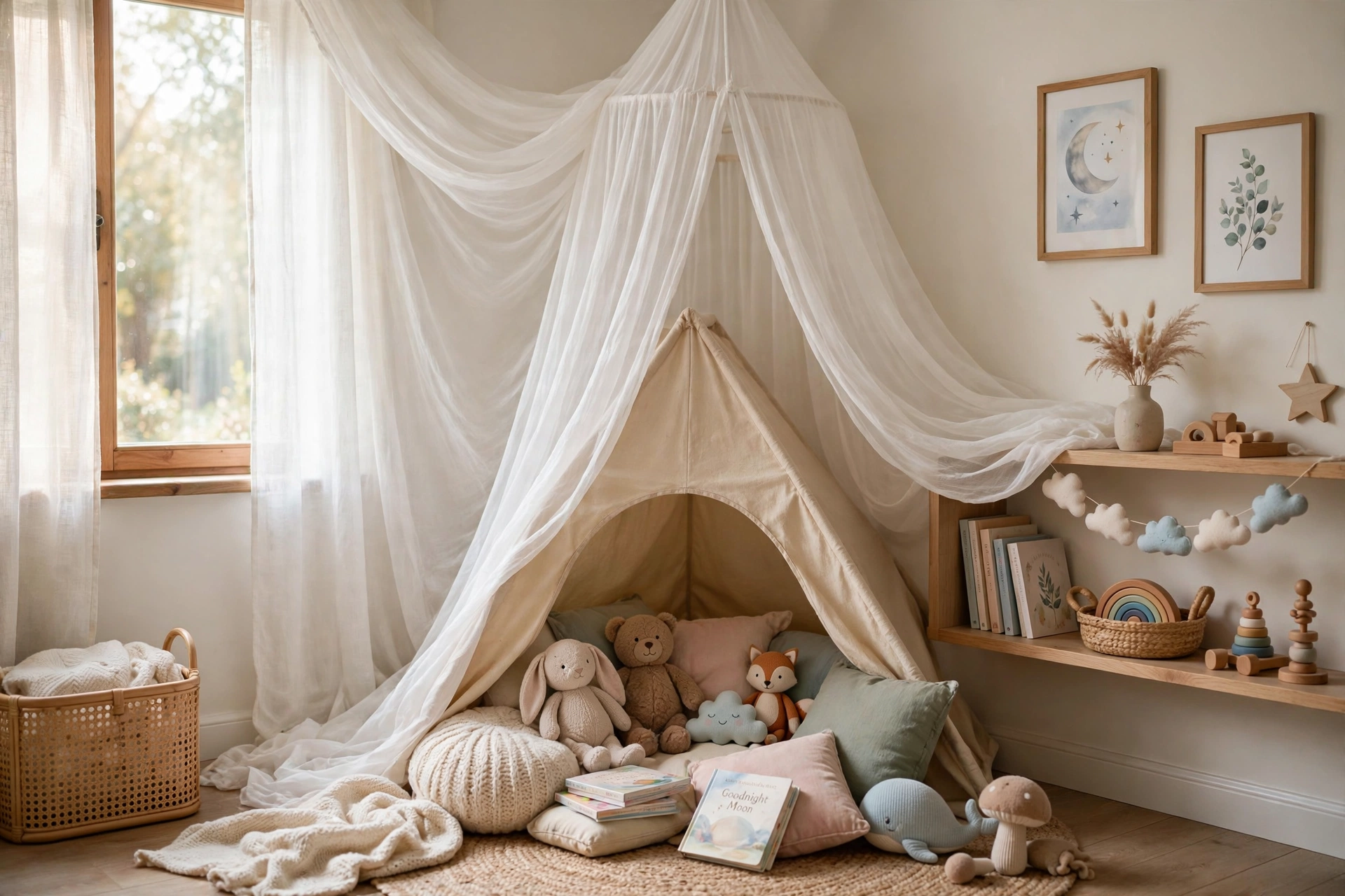 Sheer fabric canopy draped in a nursery corner over a small reading tent