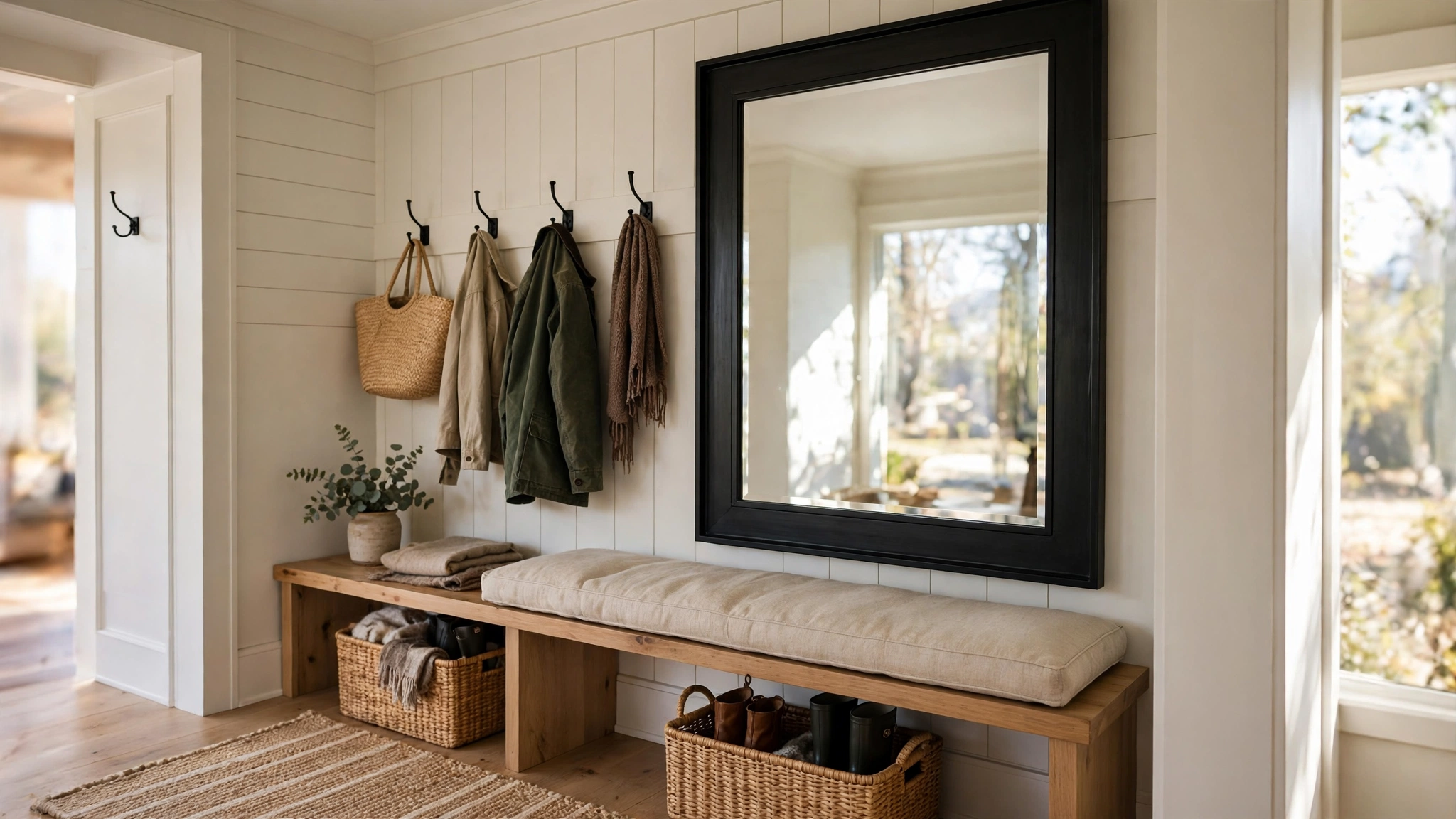 Mudroom design ideas with a large framed mirror bouncing light around a small entryway