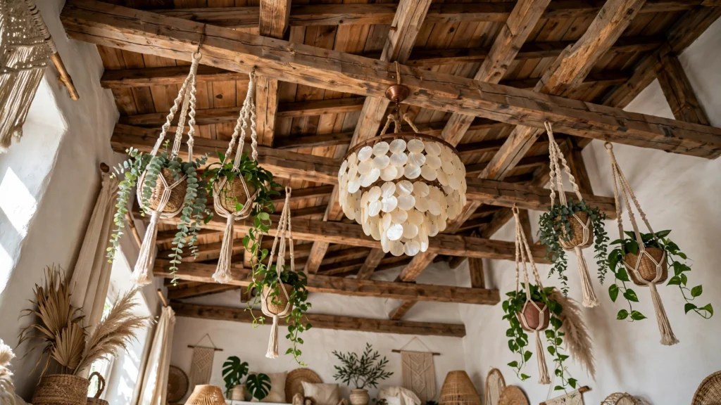 Boho living room design ideas with exposed wood beams and hanging plants from the ceiling