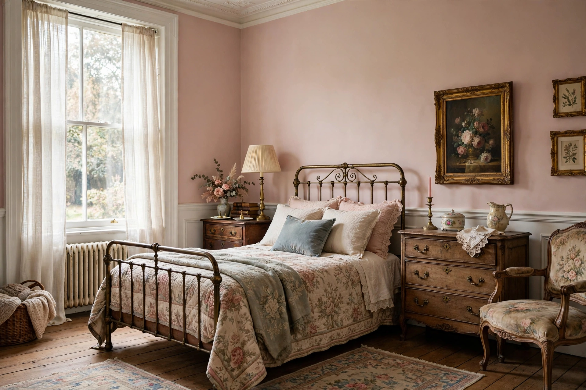 Vintage bedroom design ideas with soft blush walls and romantic historic color palette