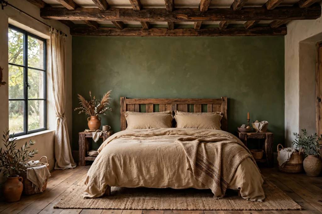 Rustic bedroom design ideas with warm earthy palette of bark brown, moss and wheat