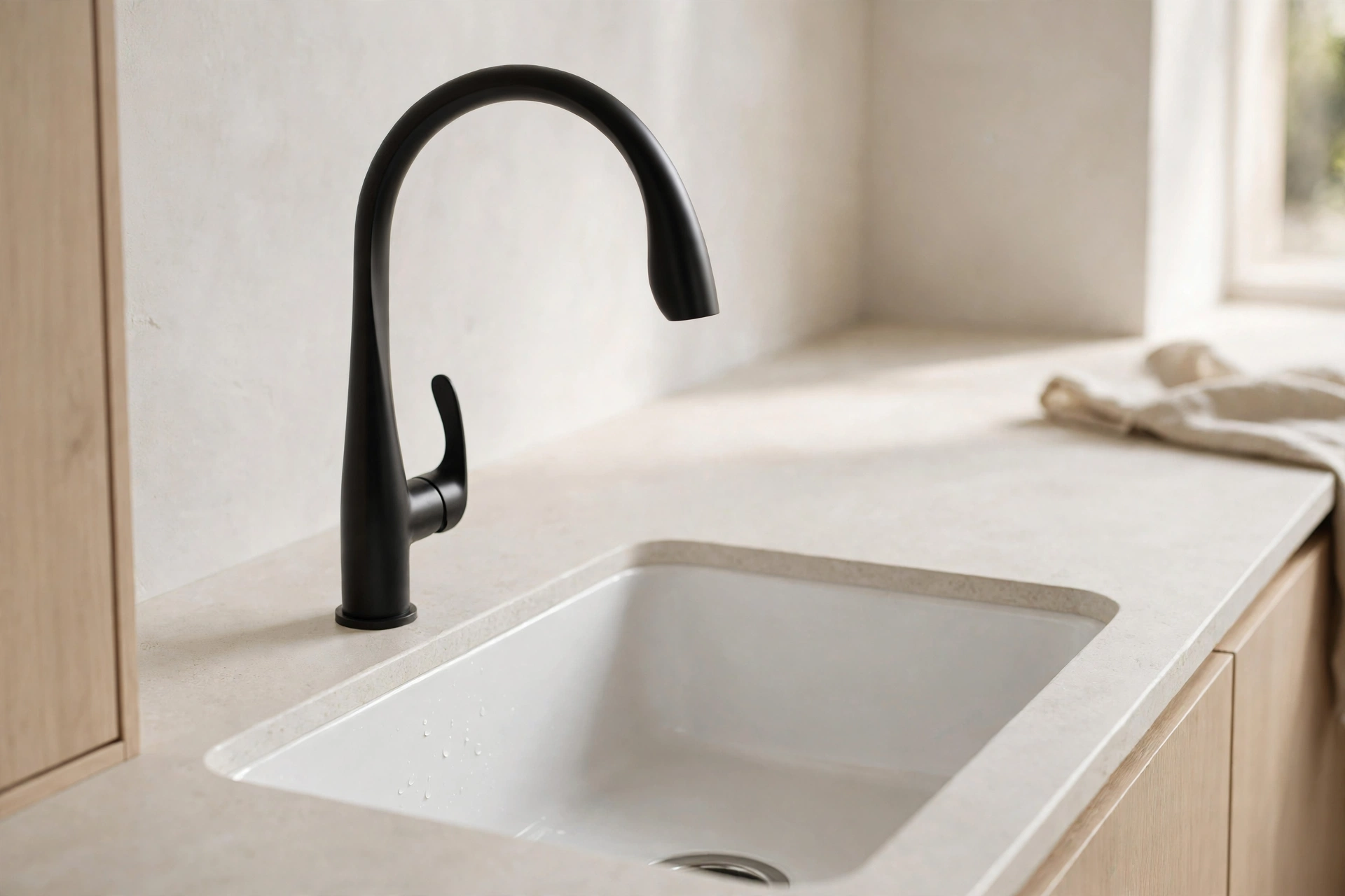 Minimalist kitchen design ideas with a sculptural matte black faucet as quiet jewelry