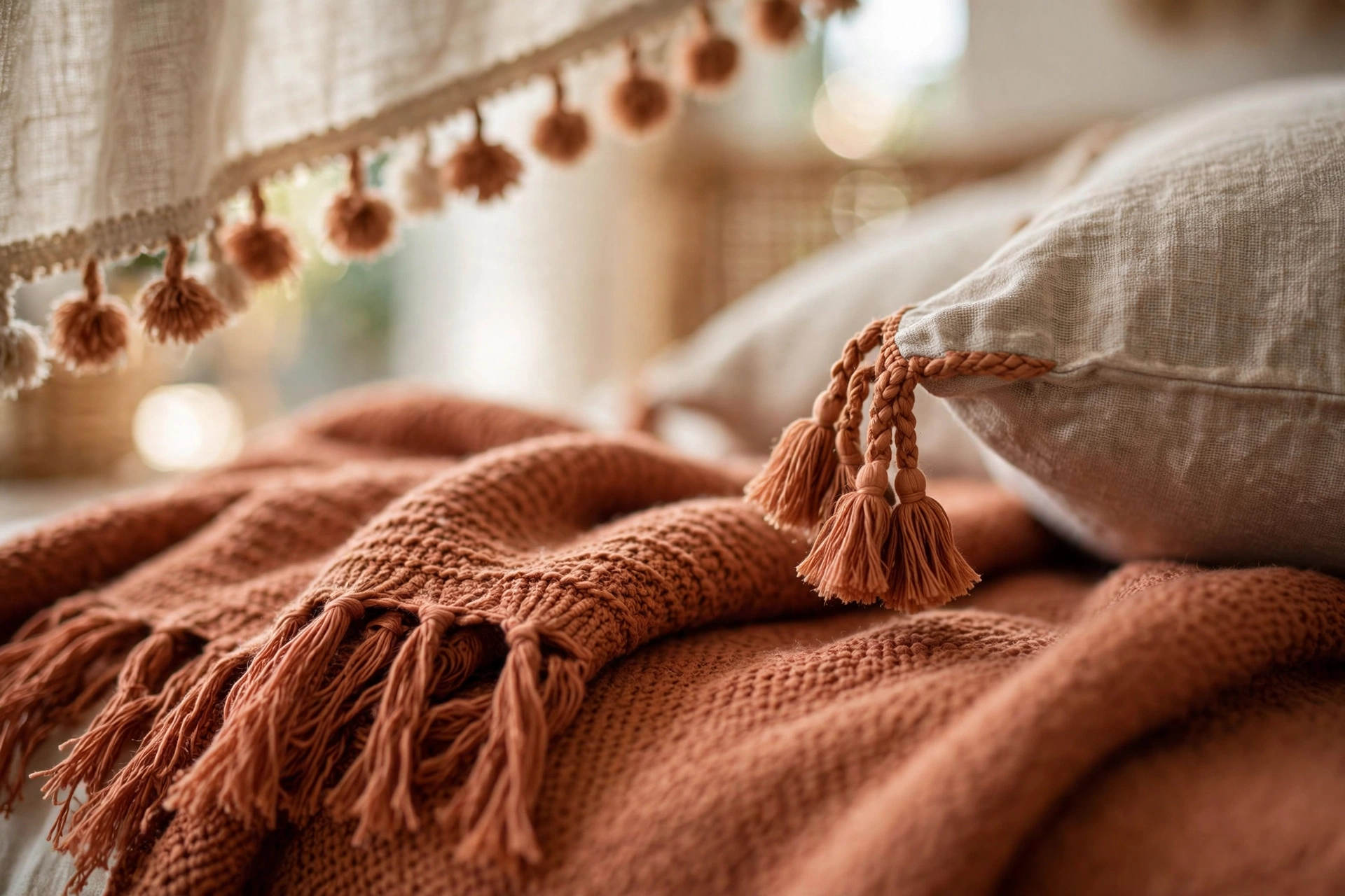 Close-up of fringed throw, tasseled cushions and pom-pom trim