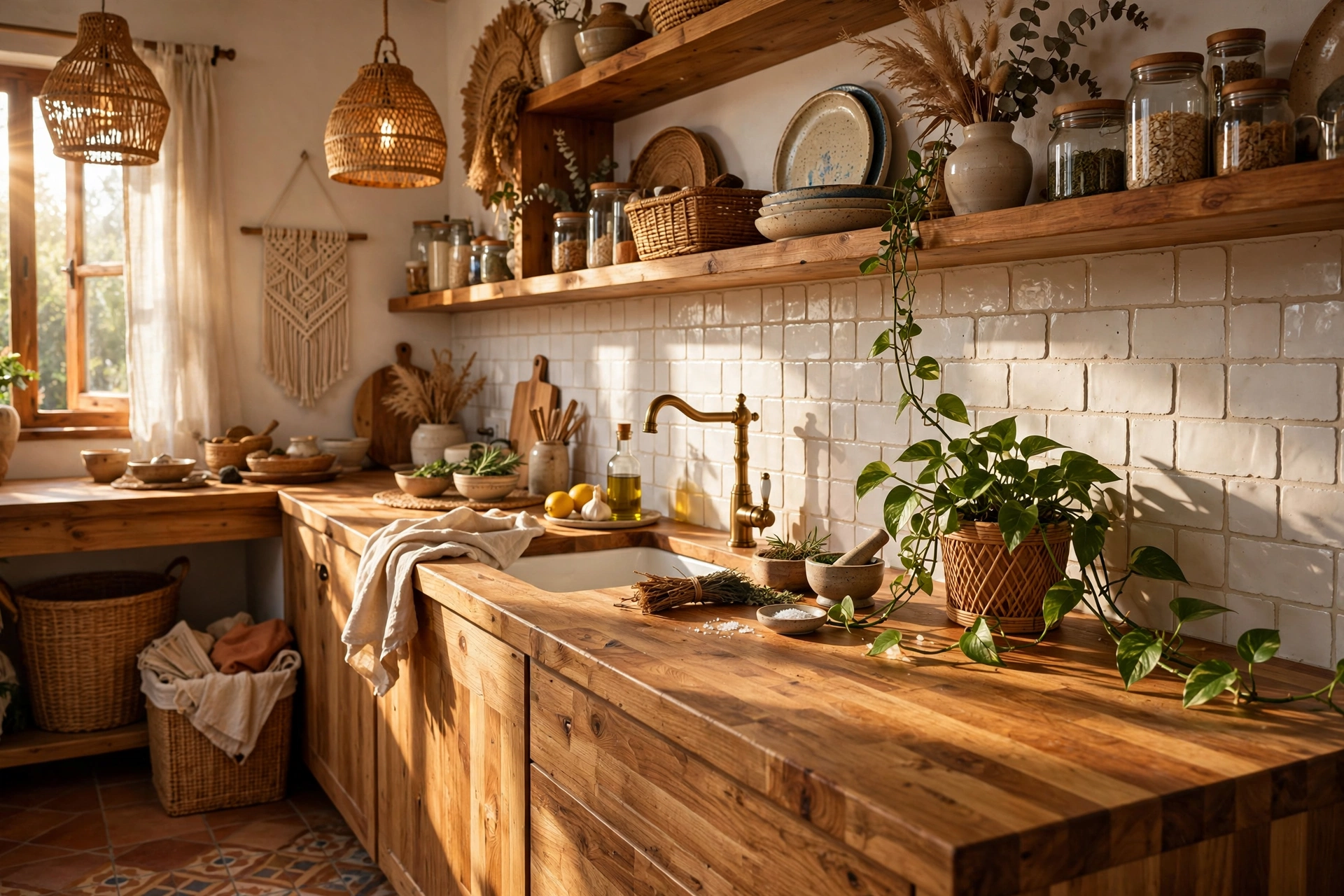 Boho kitchen design ideas with oiled butcher block countertops, white handmade-look tile and brass fixtures