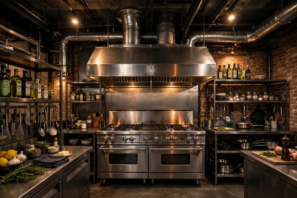 Industrial kitchen design ideas with a professional stainless steel gas range and oversized vented range hood
