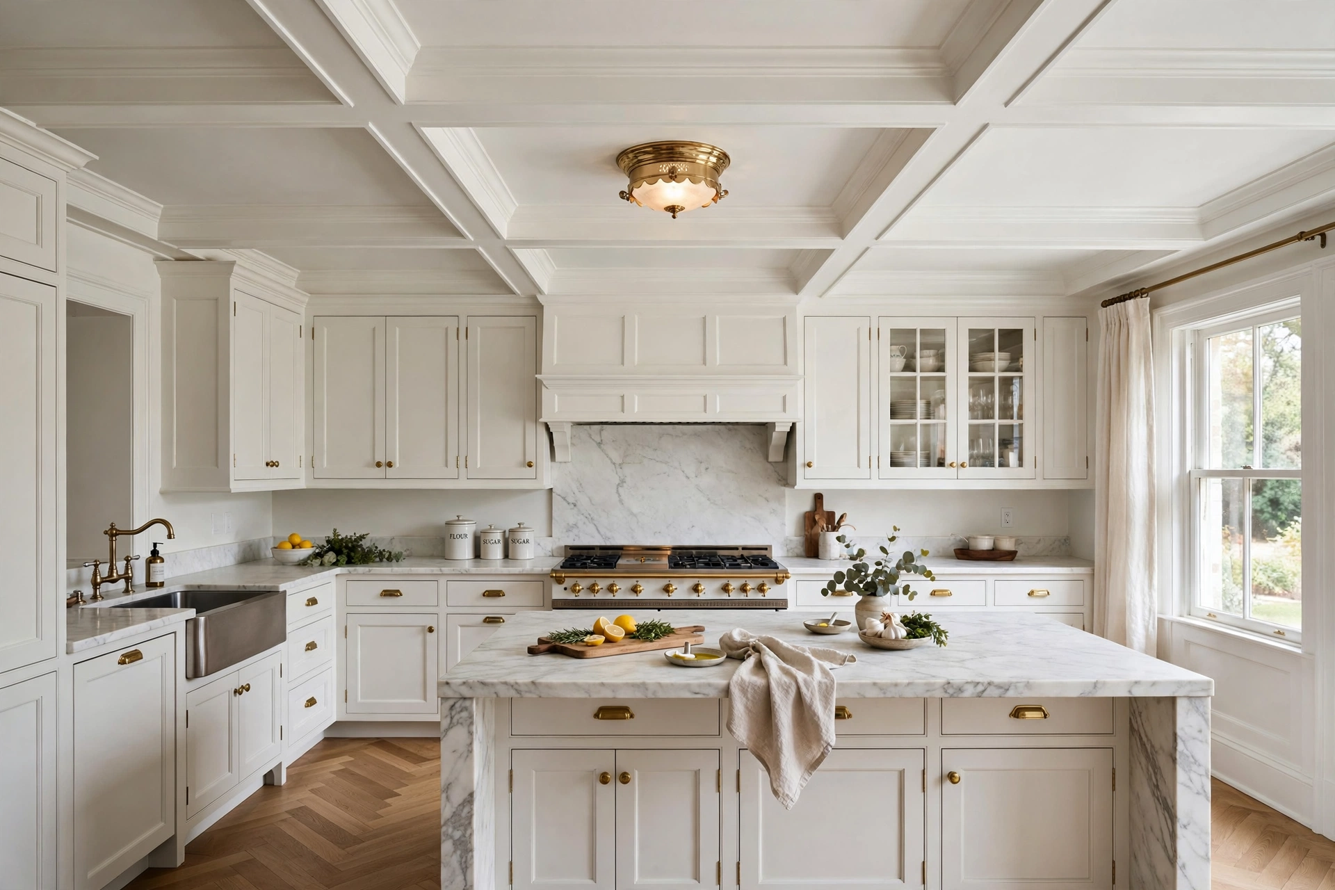 Traditional kitchen design ideas with a white coffered ceiling and classic brass flush-mount light fixture