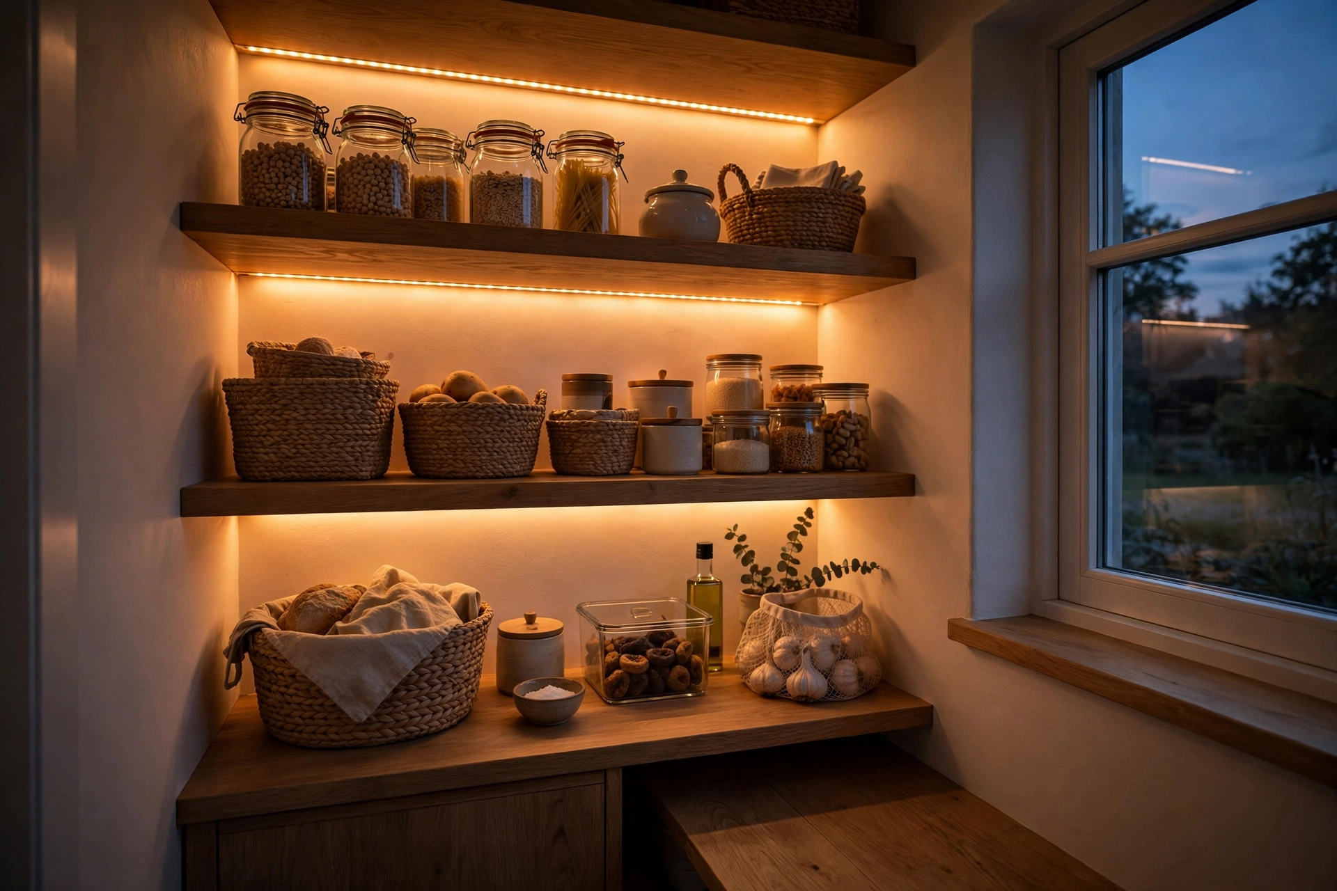Small pantry glowing with warm LED strip lighting under each shelf