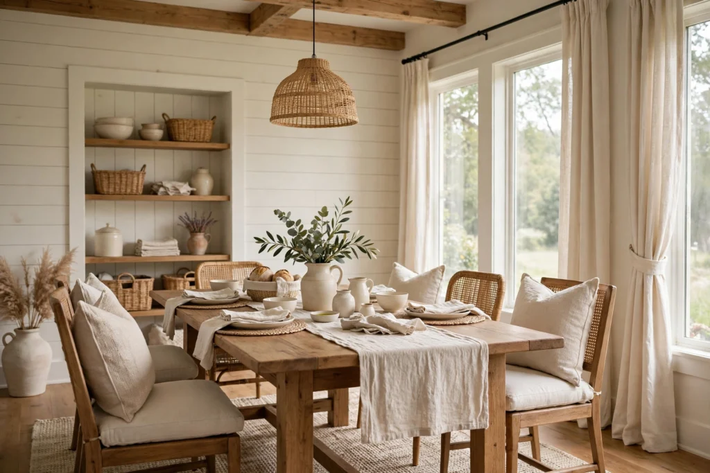 Farmhouse dining room in warm white, cream and oatmeal tones with wood accents