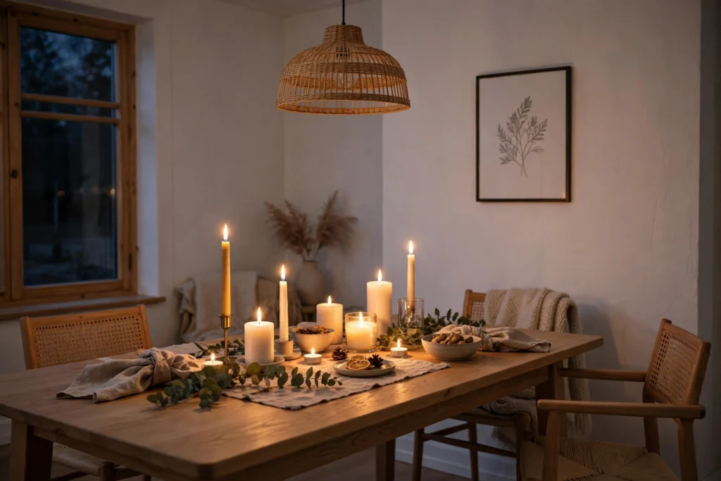 Candles glowing on a Scandinavian dining table creating warm hygge atmosphere in the evening