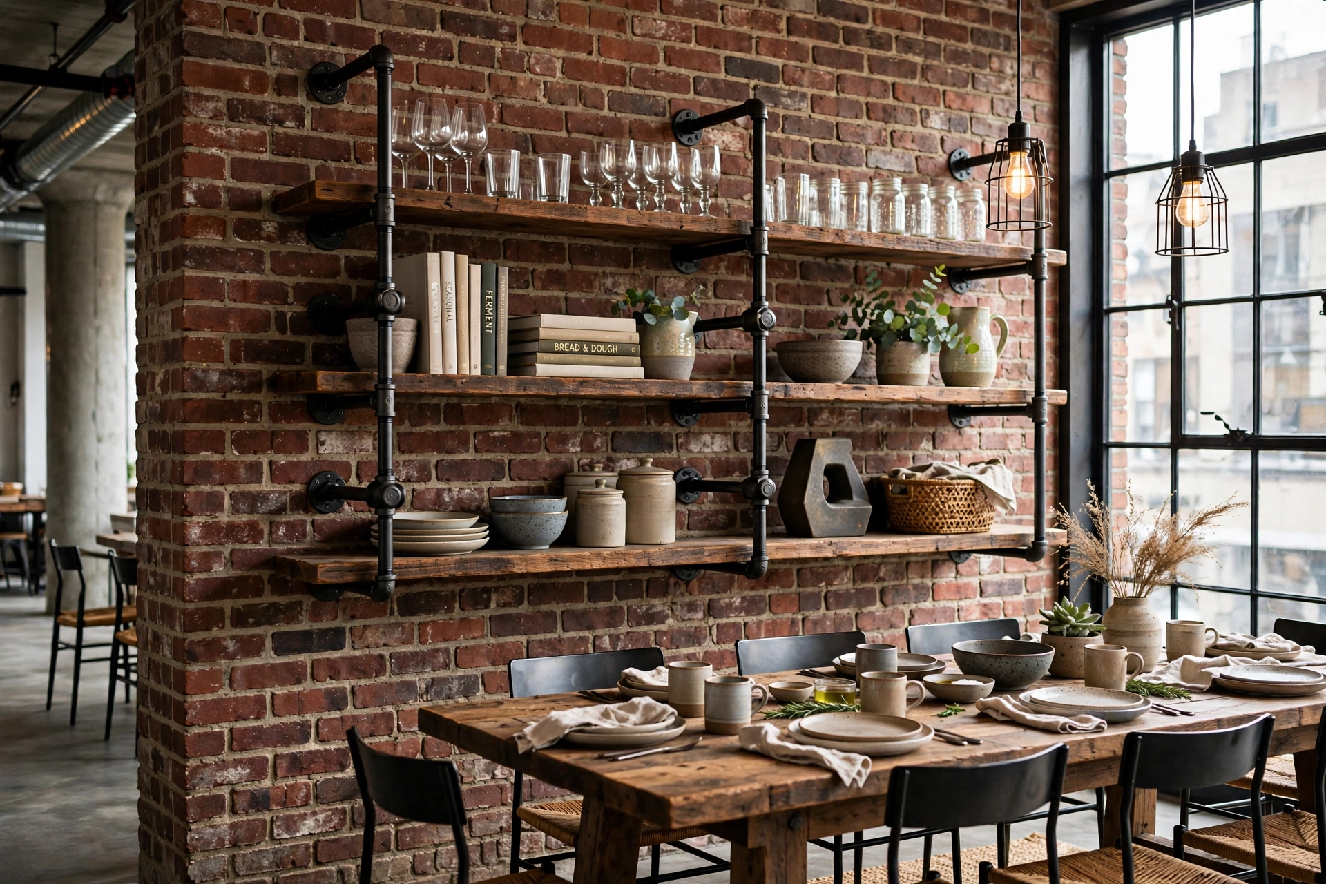 Black iron pipe shelving with reclaimed wood planks in an industrial dining room